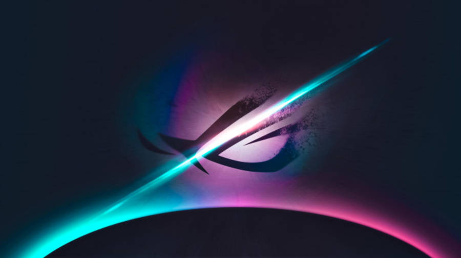 銀河 桌布 壁紙 — 發光的 ROG 眼睛標誌在黑暗背景上散發出電光藍和粉紅色的光芒，並帶有動態粒子效果。