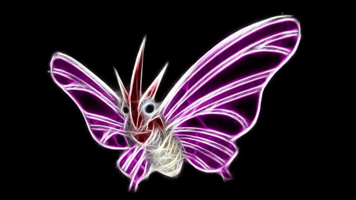 發光的 Venomoth 壁紙 — 一隻發光的霓虹紫色和白色分形蝴蝶，帶有尖銳的刺和發光的眼睛，在黑色虛空中。