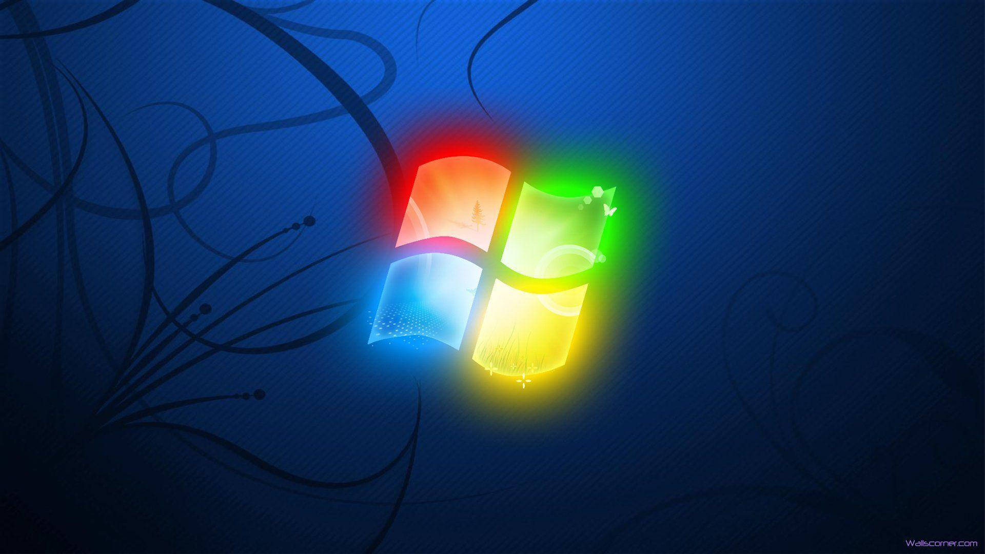 發光的Windows標誌，帶有彩色窗格，在帶有黑色漩渦的深藍色背景上。