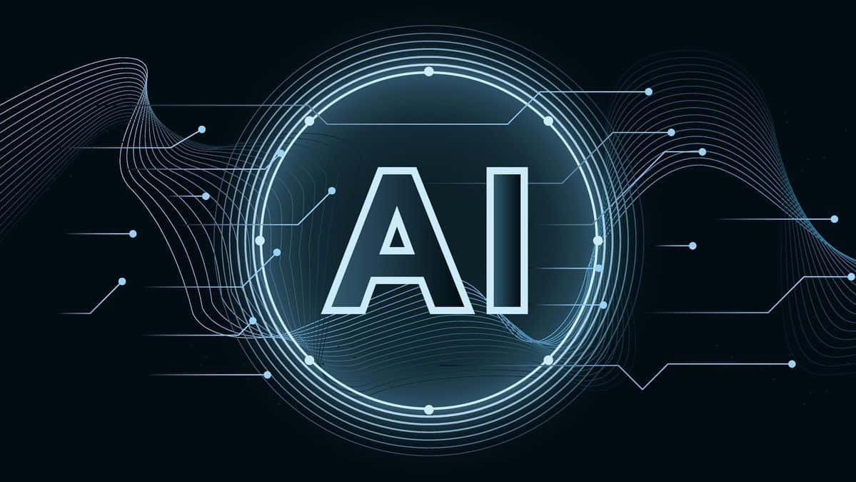 Gaming AI 桌布 壁紙 — 發光的AI文字置於未來感電路設計中央，配以流動的藍色線條，背景為深色。