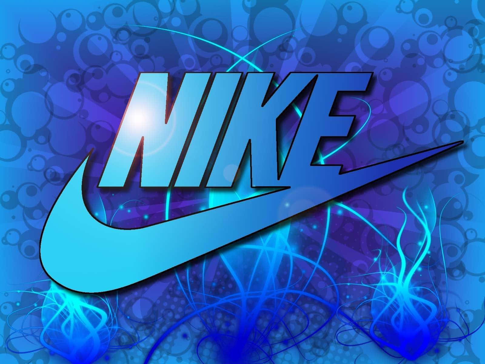 Blue Nike 桌布 壁紙 — 發光的Nike標誌，藍色和紫色，帶有旋轉光效和氣泡圖案，背景為漸變色。