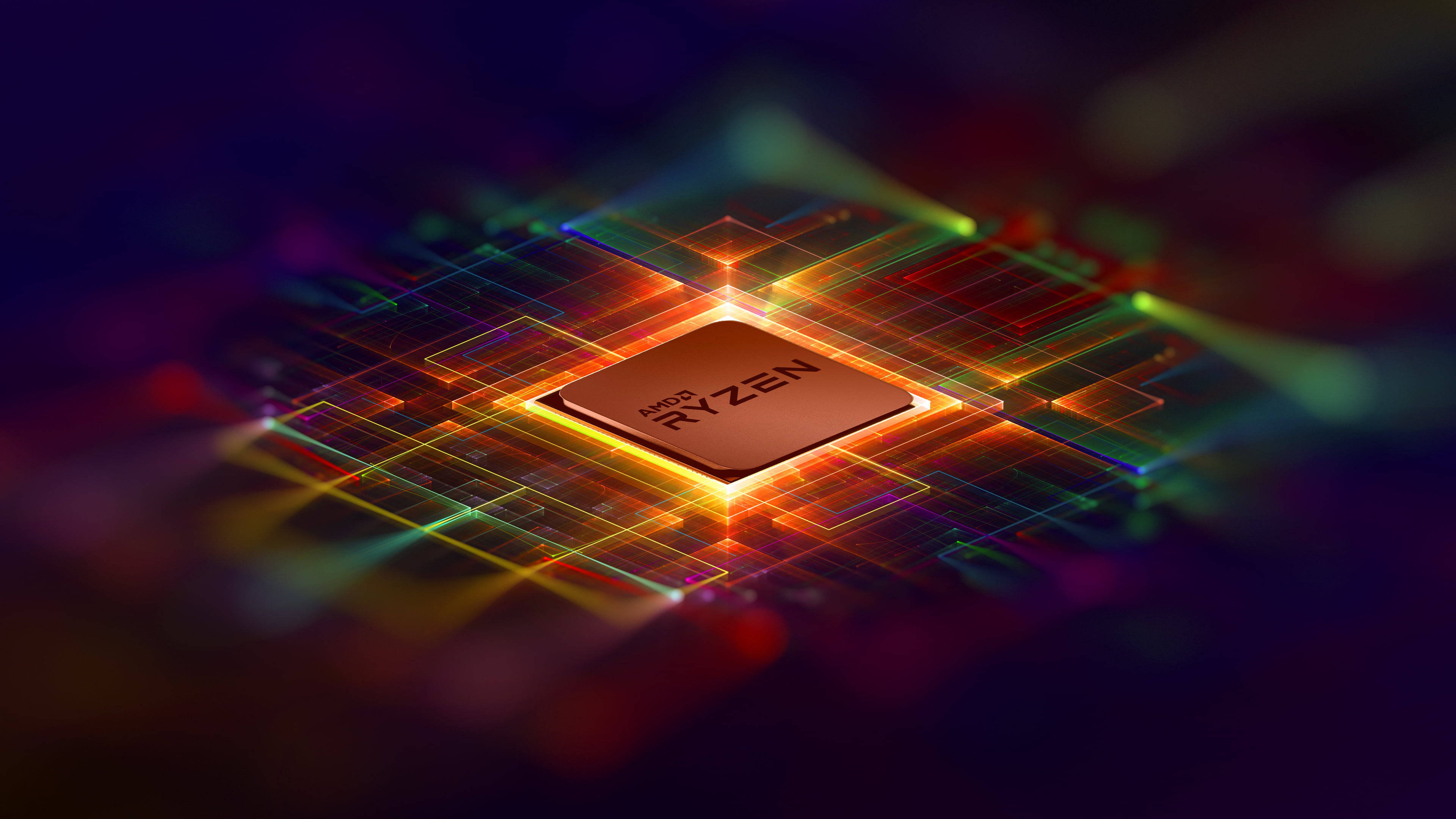 黑暗抽象背景中帶有霓虹電路線的發光Ryzen CPU晶片特寫。 — 彩虹美學 壁紙