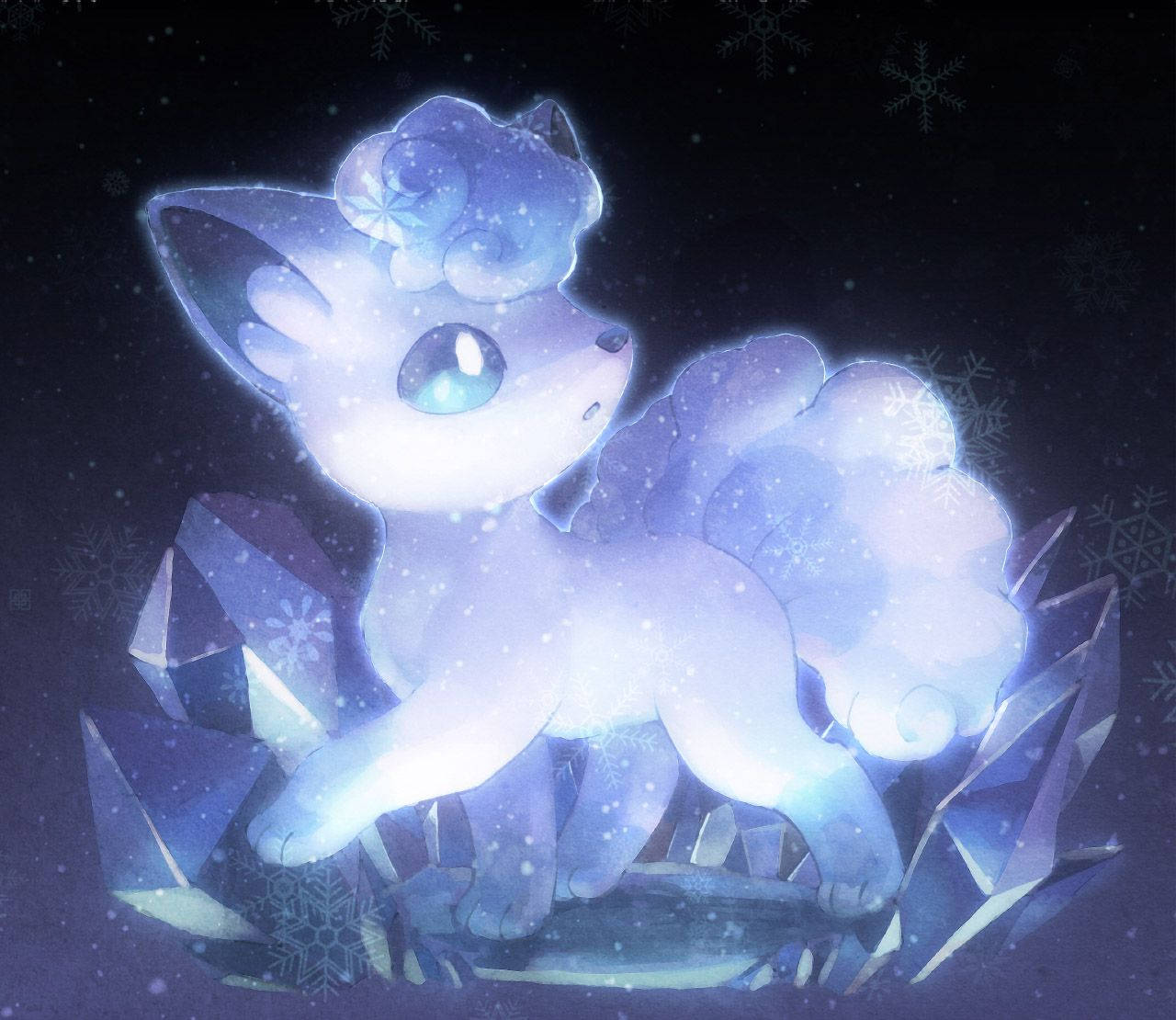 一隻發光的藍色狐狸狀生物，夜晚被雪花和冰晶環繞。