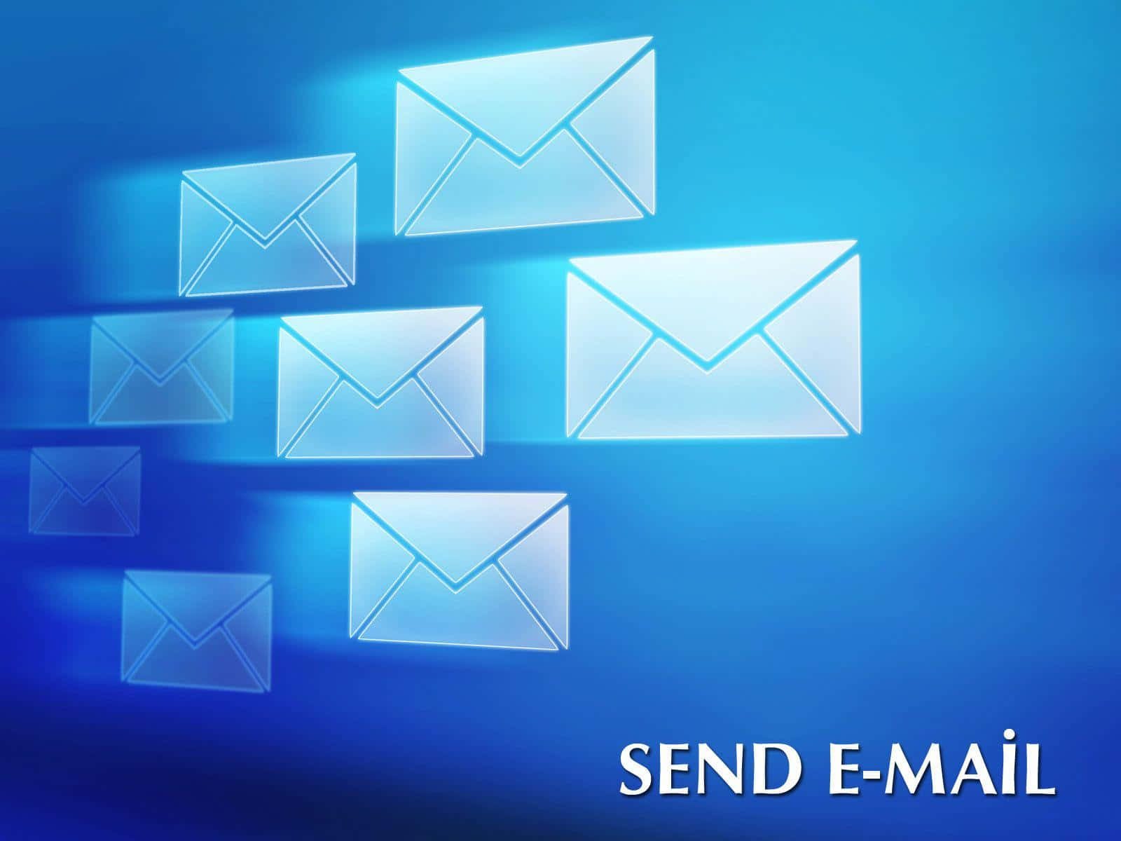 Email 桌布 壁紙 — 發光的半透明電子郵件圖標在漸變藍色背景上漂浮，帶有「SEND E-MAIL」文字。