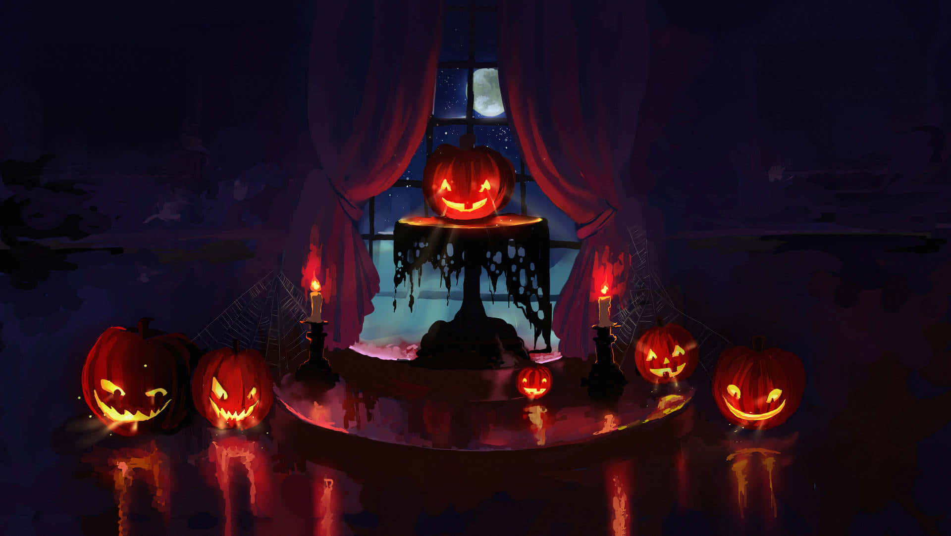 Halloween Candles 桌布 壁紙 — 發光的南瓜燈照亮了一個詭異的夜晚場景，滿月透過窗簾可見。