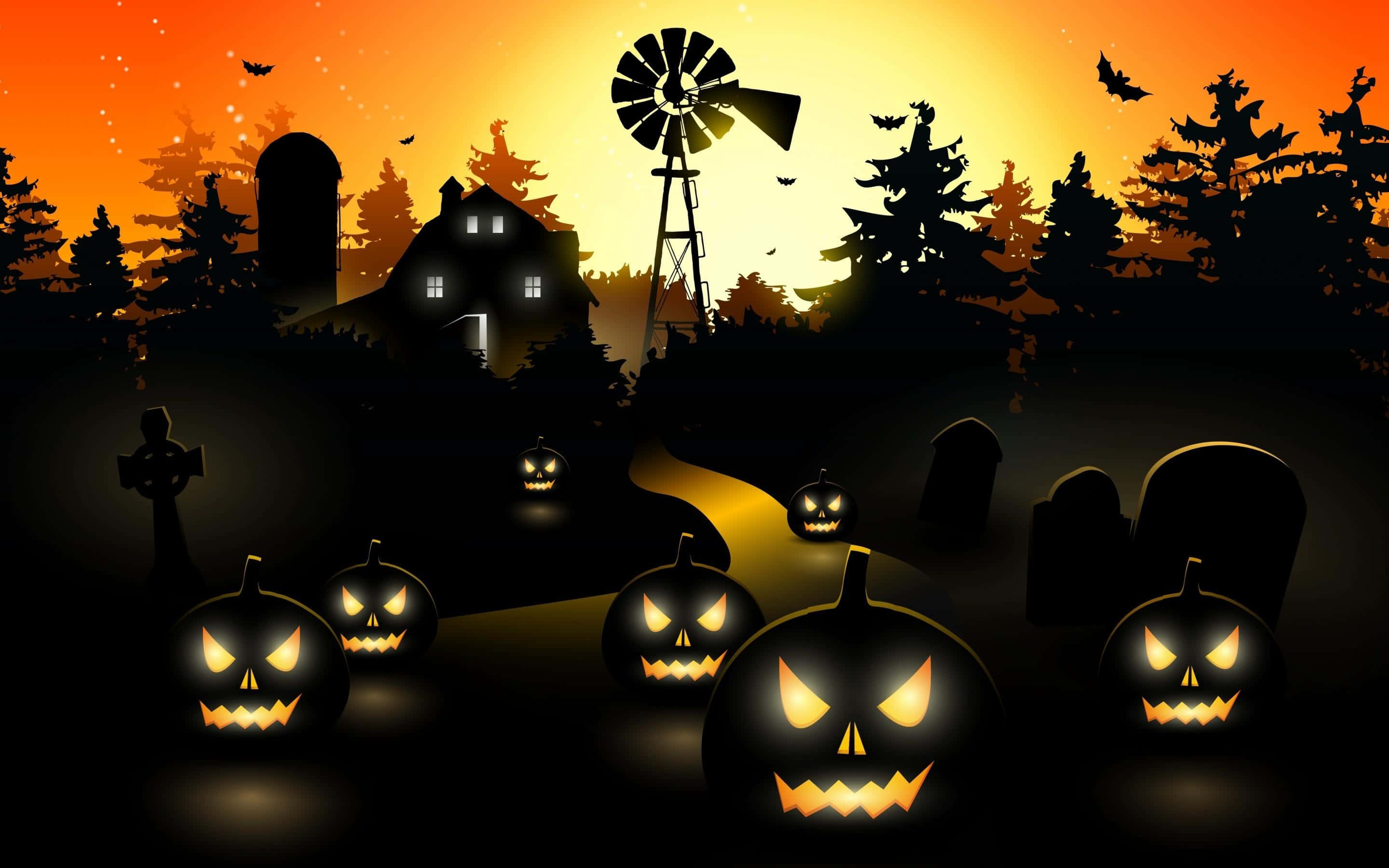 3d Halloween 桌布 壁紙 — 發光的南瓜燈照亮了日落時分陰森的墓地，鬼屋和風車在橙色天空的映襯下呈現出剪影。