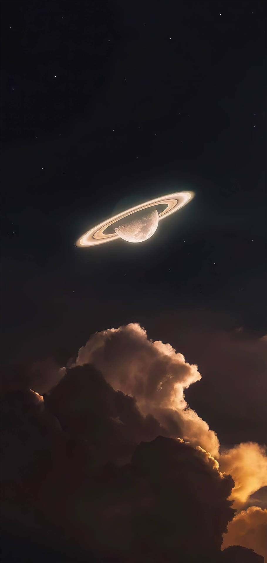 一顆環狀行星漂浮在繁星點點的夜空中發光的雲層之上。