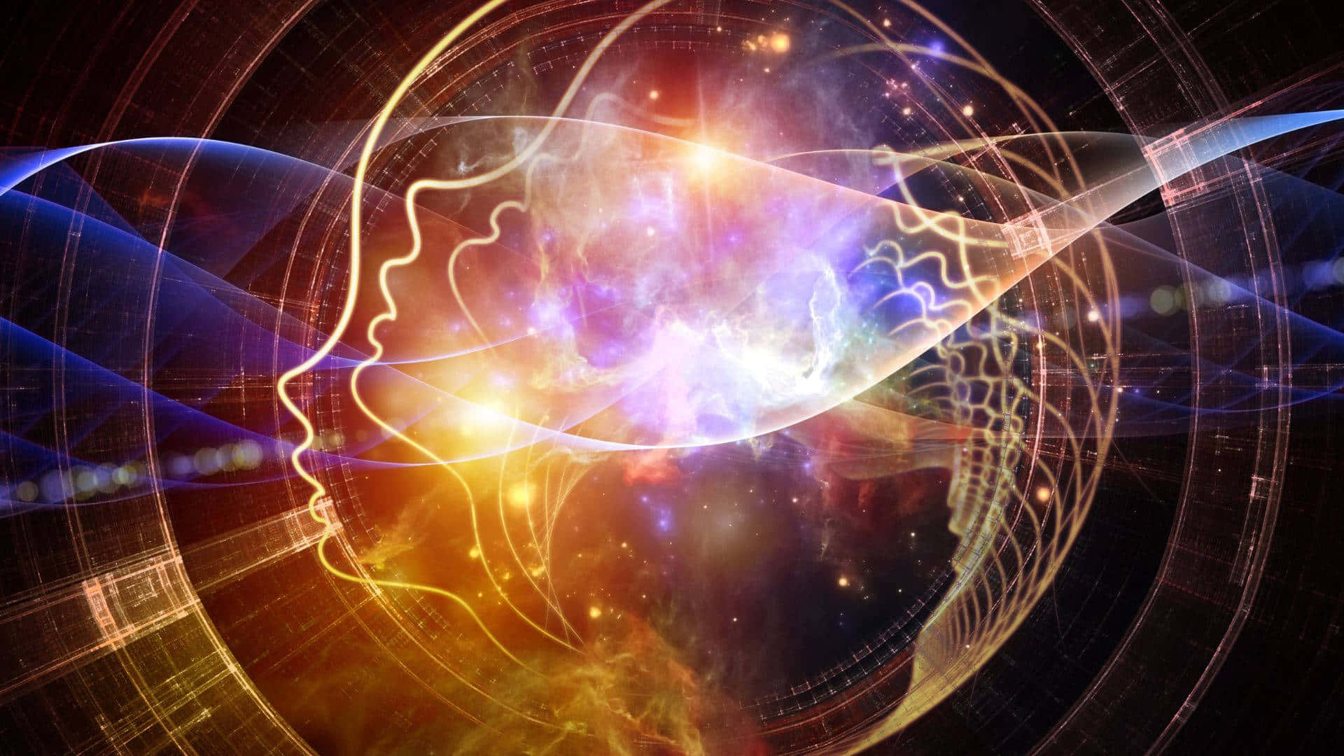 spirit 桌布 壁紙 — 發光的宇宙星雲在數碼網格和旋轉的能量線中形成人頭剪影。