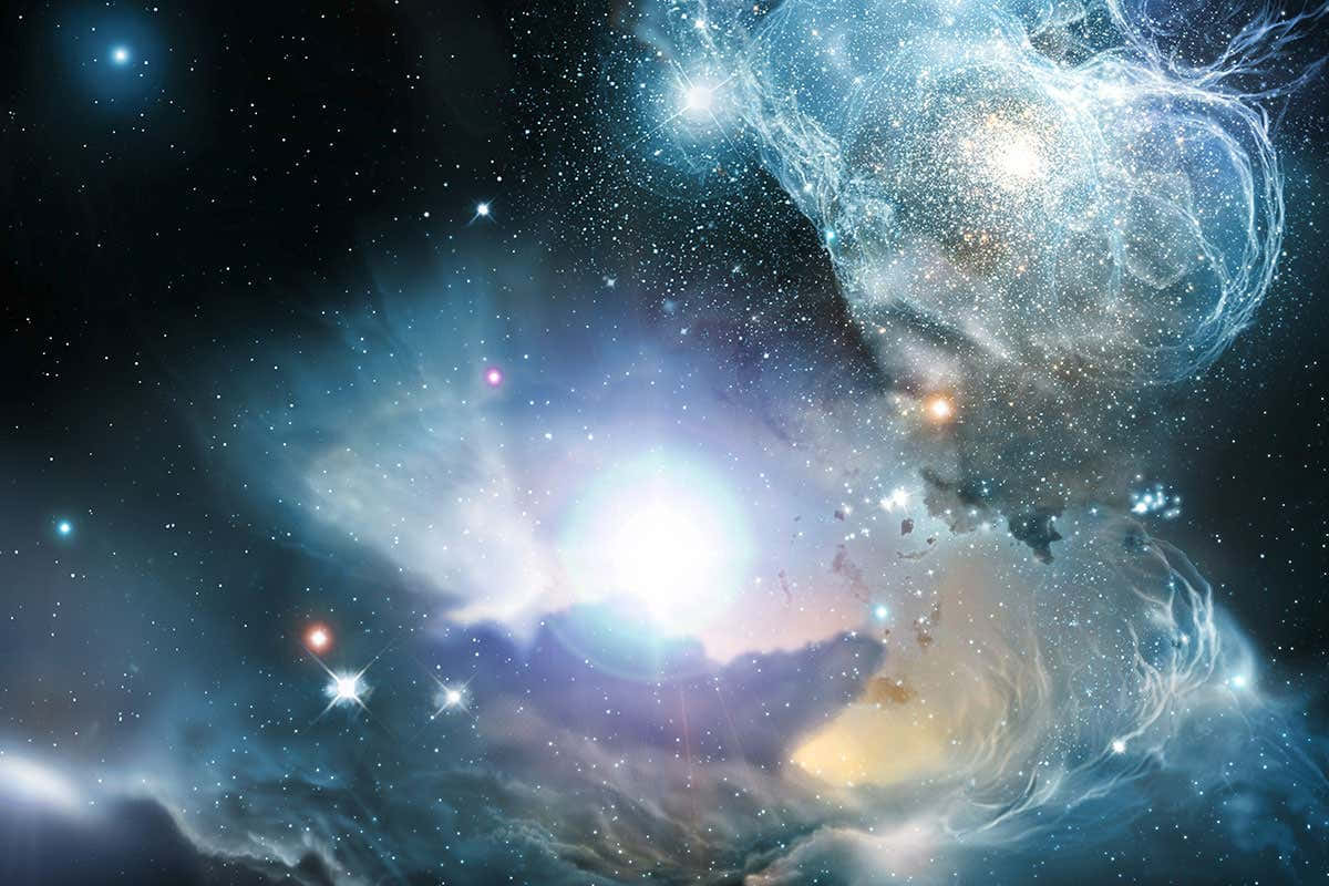 Beautiful Star 桌布 壁紙 — 發光的宇宙星雲在星空背景下旋轉著發光的藍色和白色氣體。