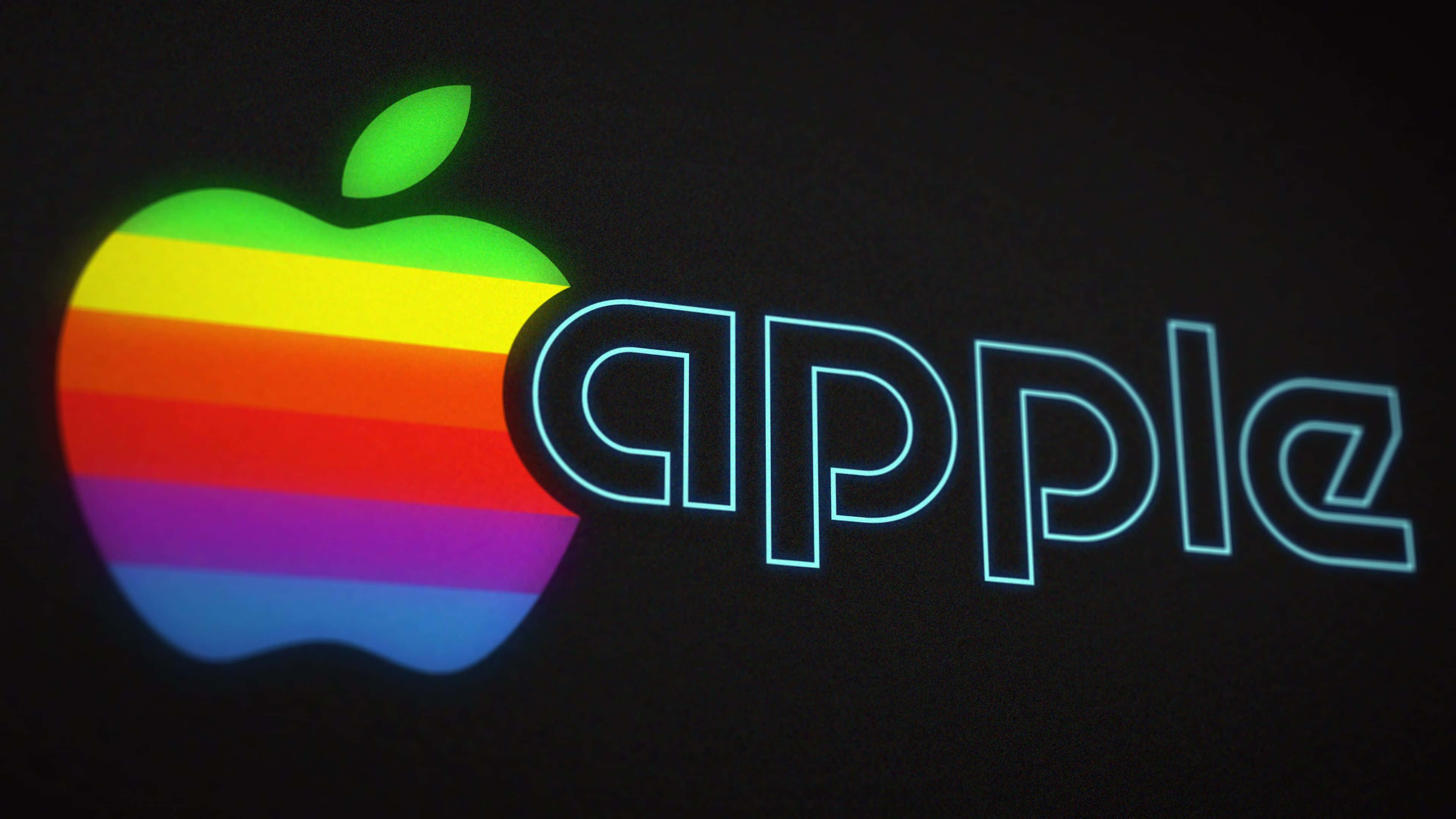 4K Apple 桌布 壁紙 — 發光的彩虹Apple標誌，黑色背景上帶有霓虹藍色文字。