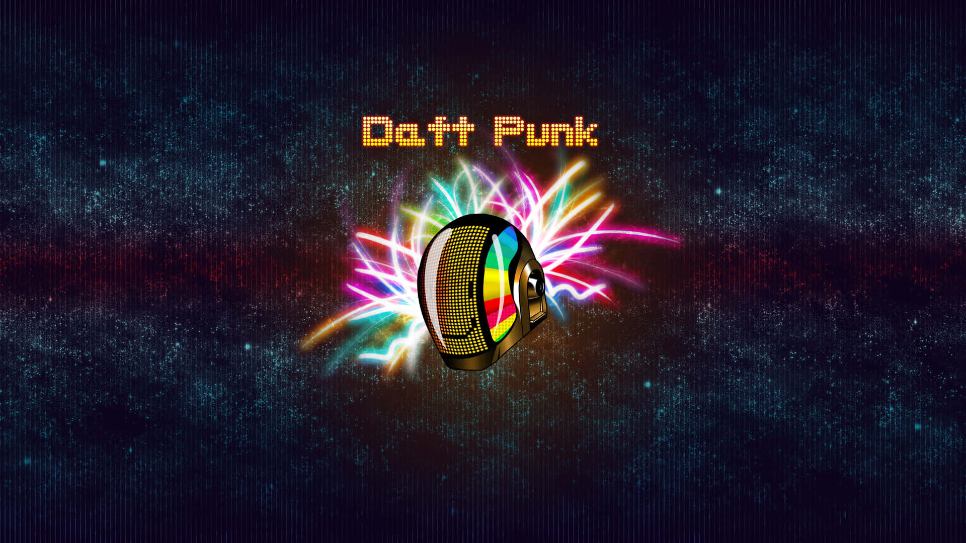punk 桌布 壁紙 — 發光的彩虹頭盔在黑暗的宇宙背景上爆發出霓虹條紋，帶有「Daft Punk」文字。
