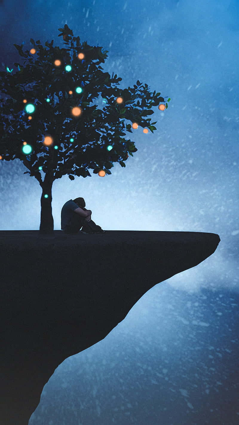 夜晚在積雪懸崖上發光的樹下坐著的人