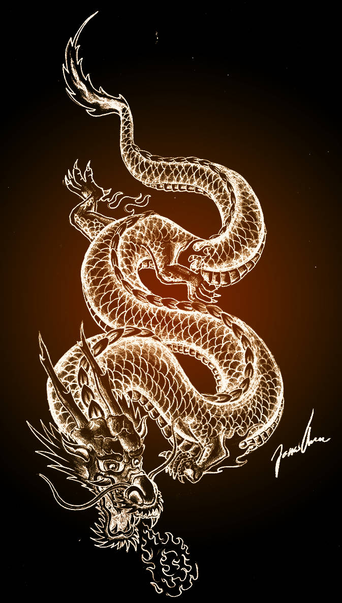 發光的日本龍 壁紙 — 一條發光的金色龍在深色漸變背景上動態盤繞，鱗片精細，表情兇猛。