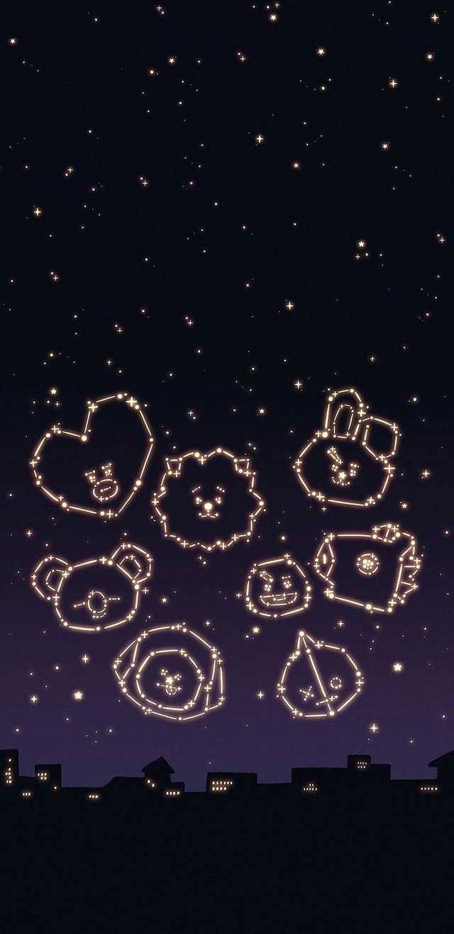 BT21 桌布 壁紙 — 發光的星座形狀像可愛的動物臉龐，漂浮在星空下的城市天際線之上。