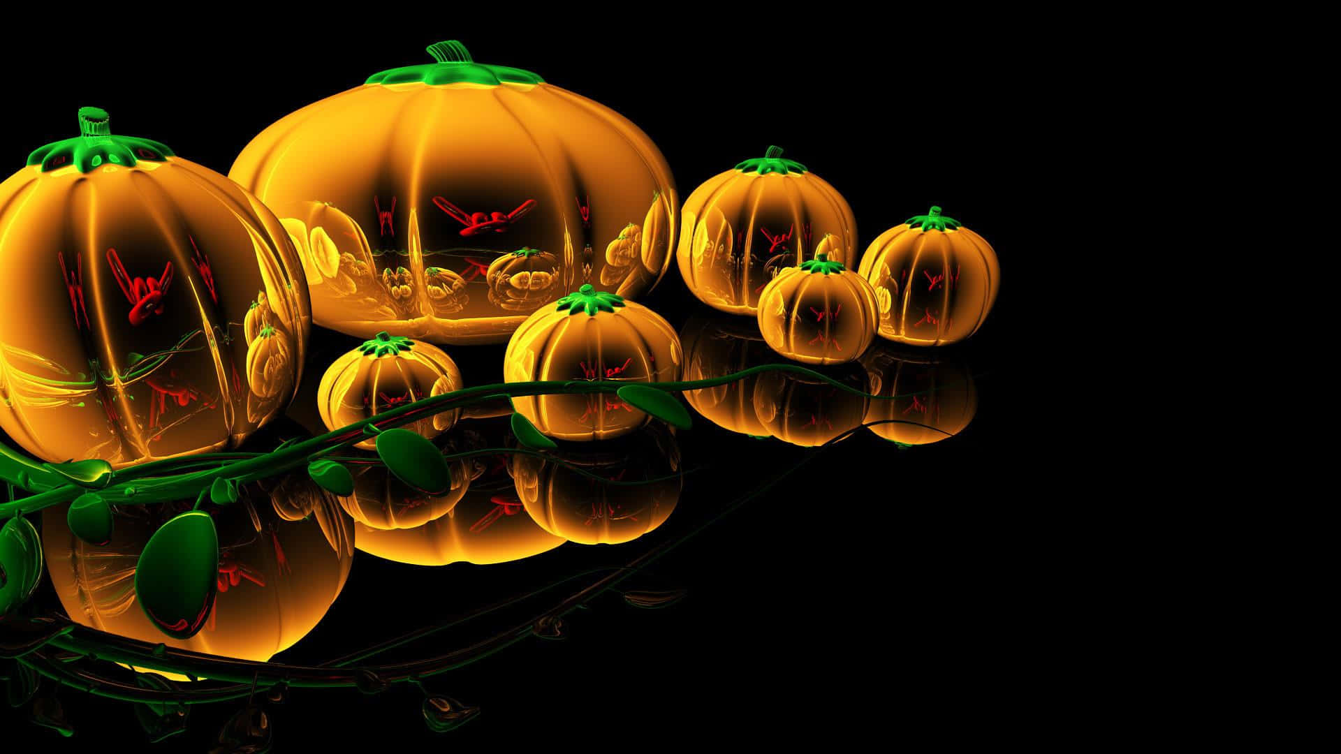 3d Halloween 桌布 壁紙 — 發光的橙色南瓜，帶有紅色雕刻的臉和綠色莖，在黑色背景的深色表面上反射。