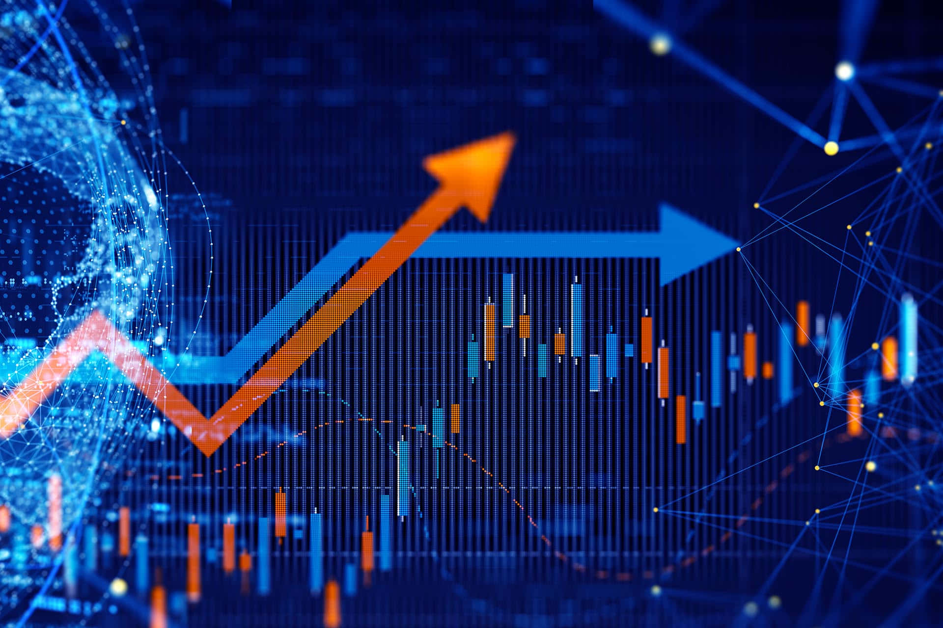 Finance 桌布 壁紙 — 發光的橙色箭頭在數位股票圖表和像素化地球儀上方翱翔，背景為深藍色科技背景。