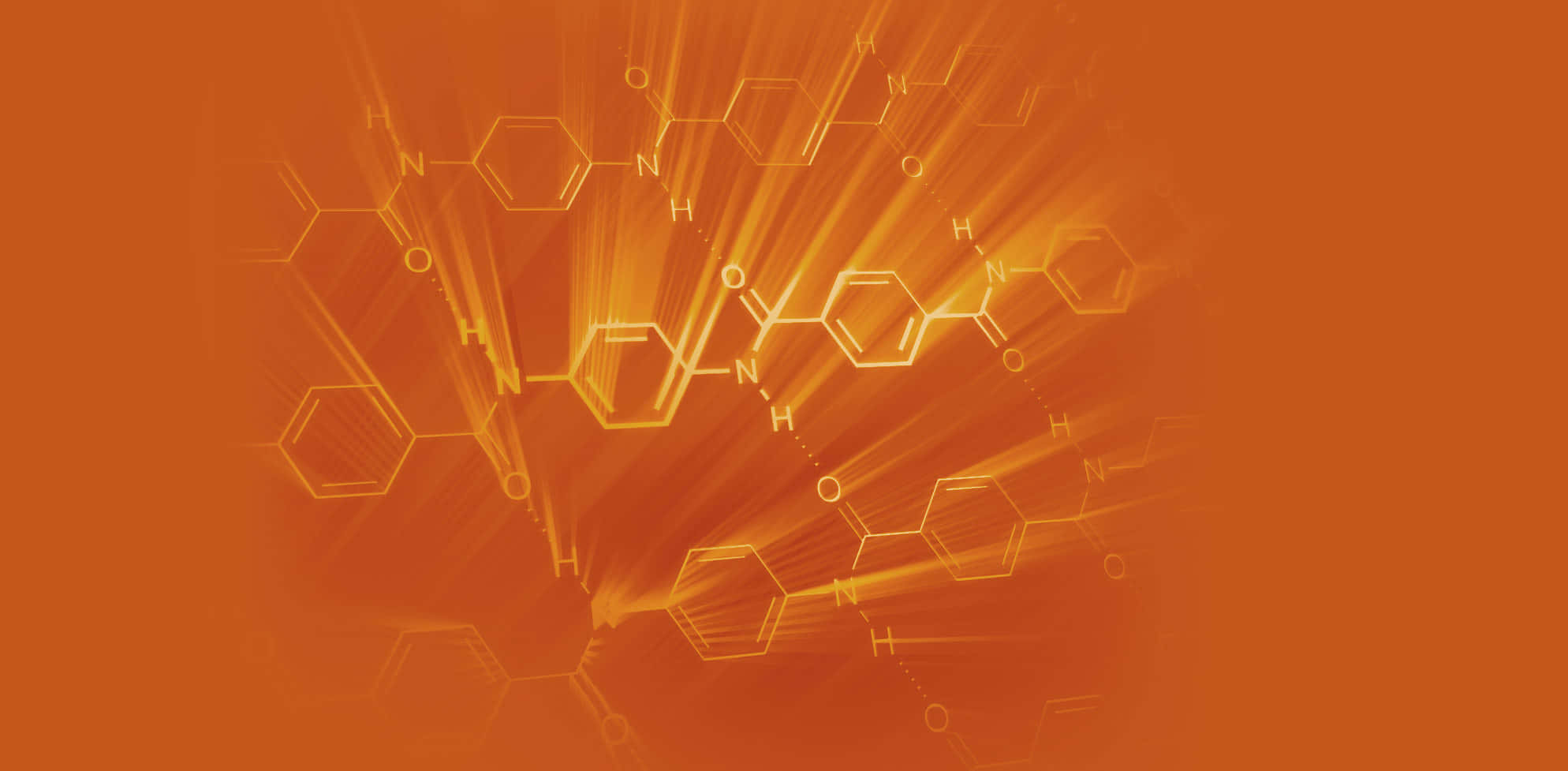Chemistry 桌布 壁紙 — 發光的橙色背景，帶有發射光線的發光化學結構圖。