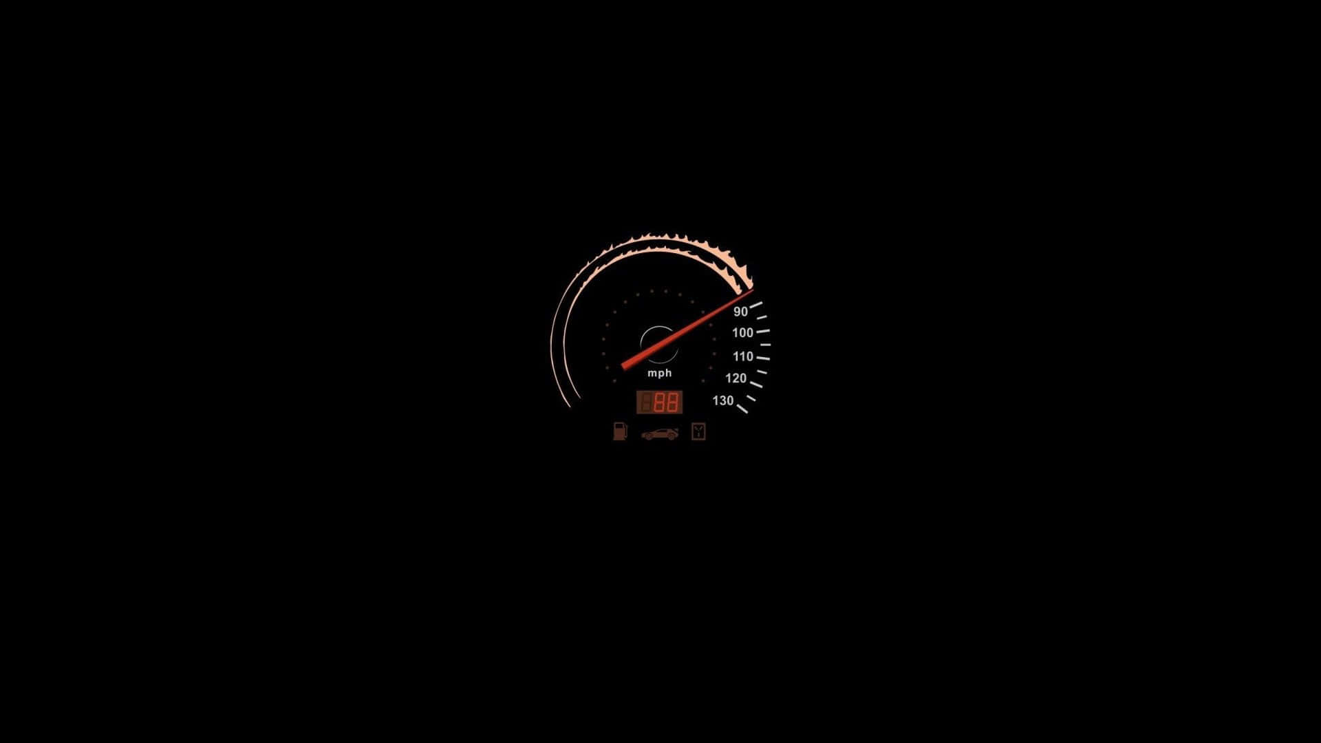 簡約桌面壁紙 桌布 壁紙 — 發光的汽車速度錶，顯示時速88英里，黑色背景，橙色指針和刻度。