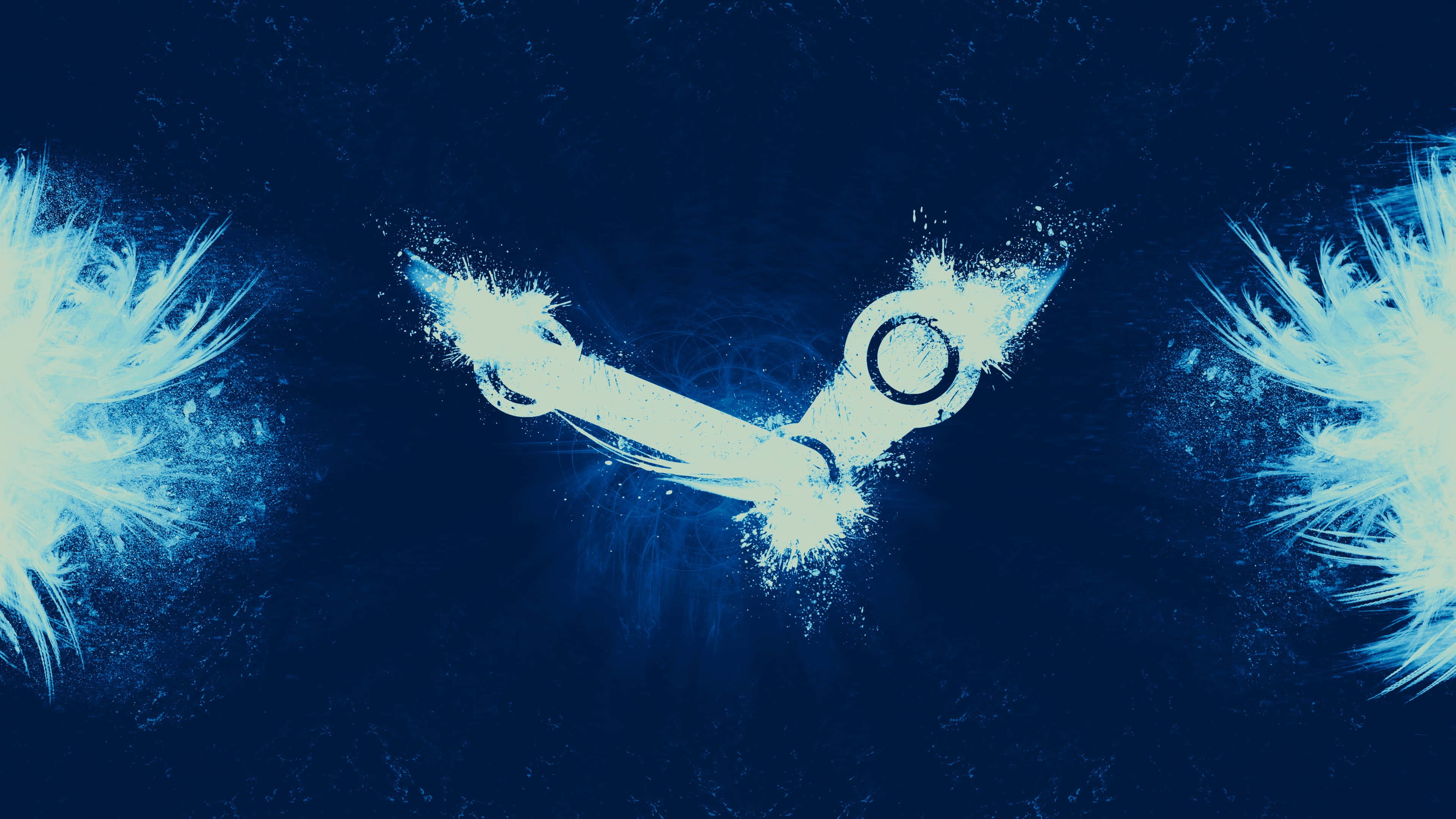 4K Pc Monitor 桌布 壁紙 — 發光的白色 Steam 標誌在帶有紋理的深藍色背景上爆裂開來，兩側有放射狀的羽毛狀光芒。