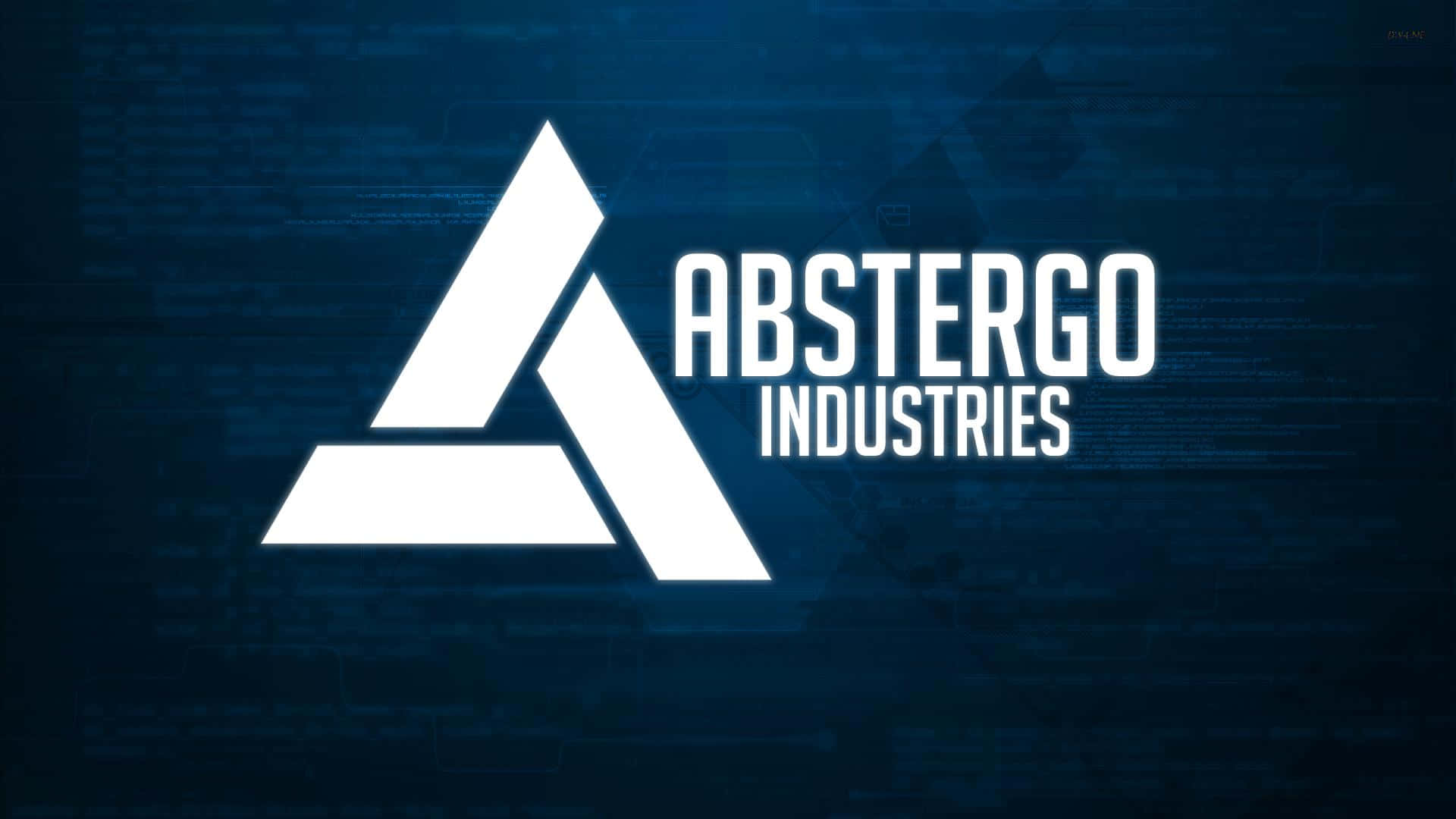 Abstergo 桌布 壁紙 — 發光的白色Abstergo Industries標誌在深藍色數位故障背景上格外突出。
