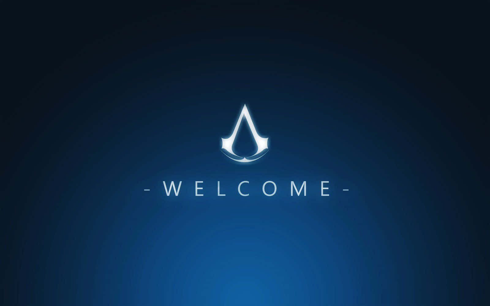 Welcome Gaming 桌布 壁紙 — 發光的白色Assassin's Creed標誌和歡迎文字居中在漸變藍色背景上。