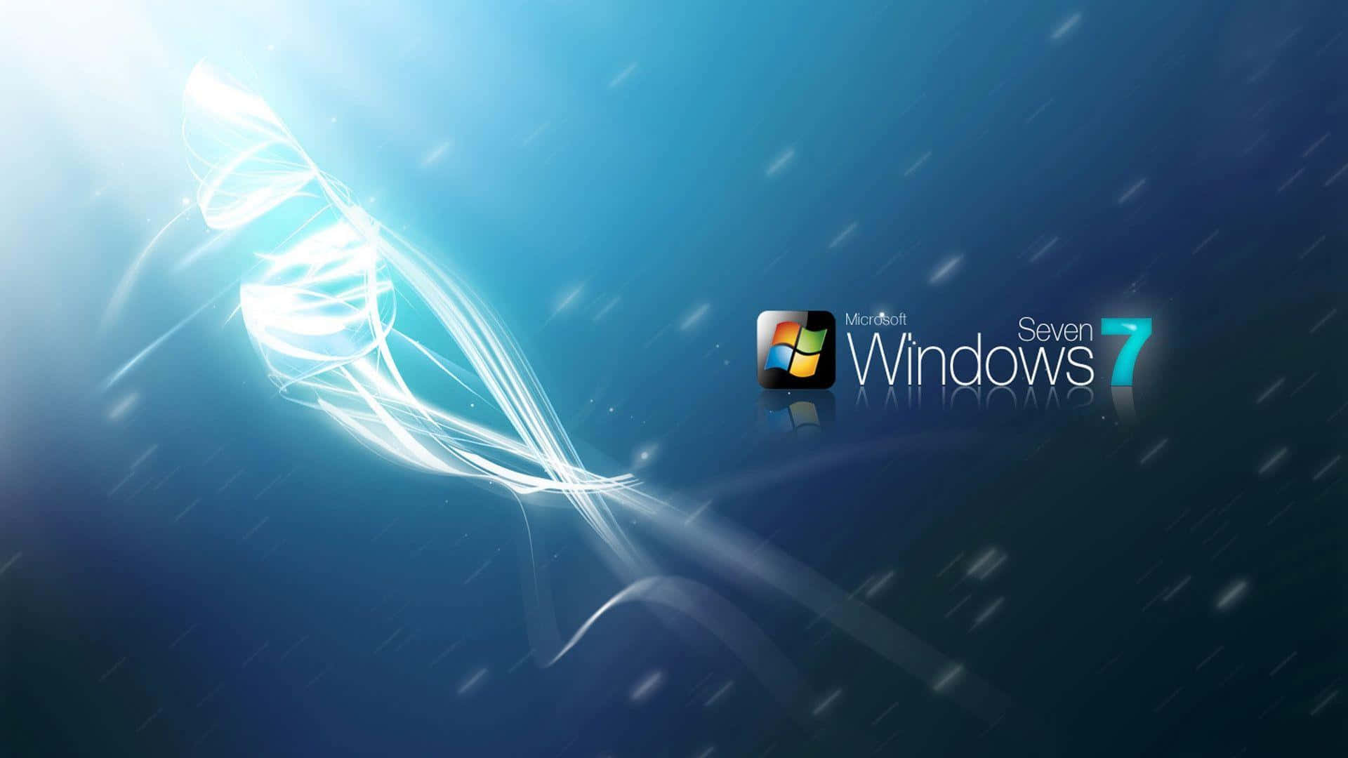 Windows Vista 桌布 壁紙 — 發光的白色抽象漩渦在深藍色漸變背景上流動，帶有墜落的粒子及Windows 7標誌。