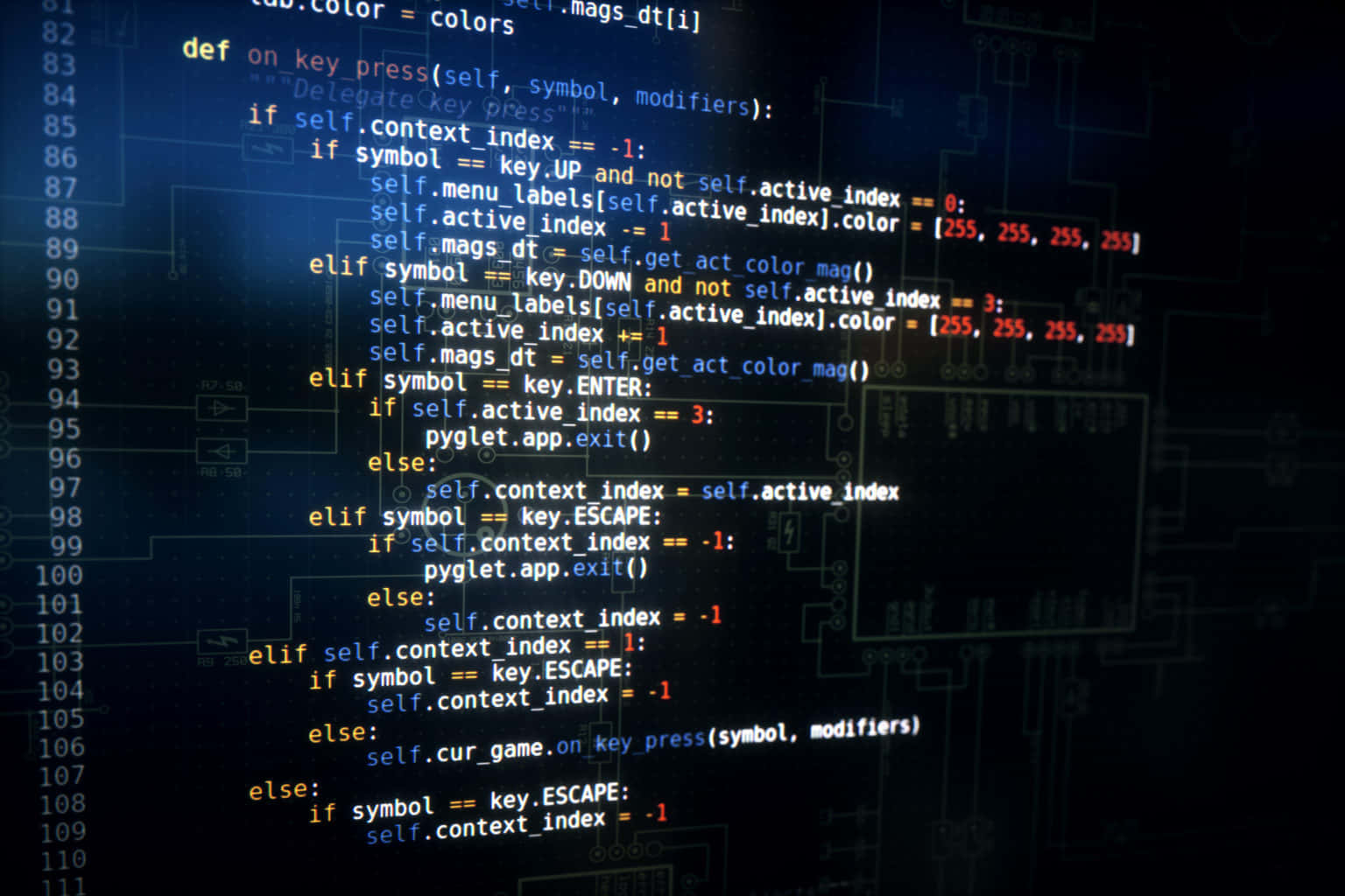 Programming 桌布 壁紙 — 發光的程式碼行漂浮在深色電路板背景上，呈現未來科技美學。