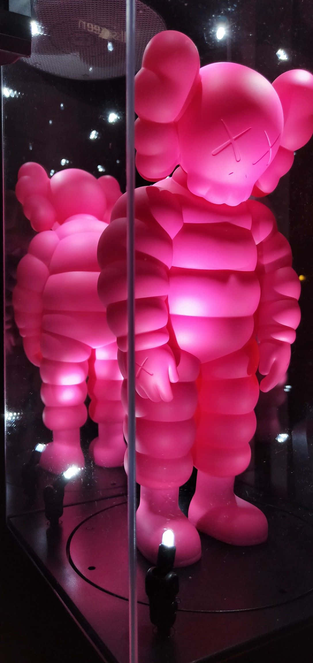 Kaws Chum 桌布 壁紙 — 發光的粉紅色KAWS雕塑在玻璃展示櫃內亮起，帶有反射和環境光。