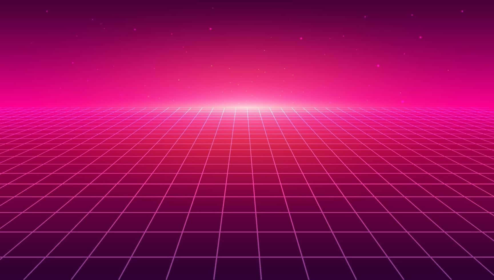 Pink Grid 桌布 壁紙 — 發光的粉紅色網格在繁星點點的復古未來主義天空下延伸至耀眼的地平線。