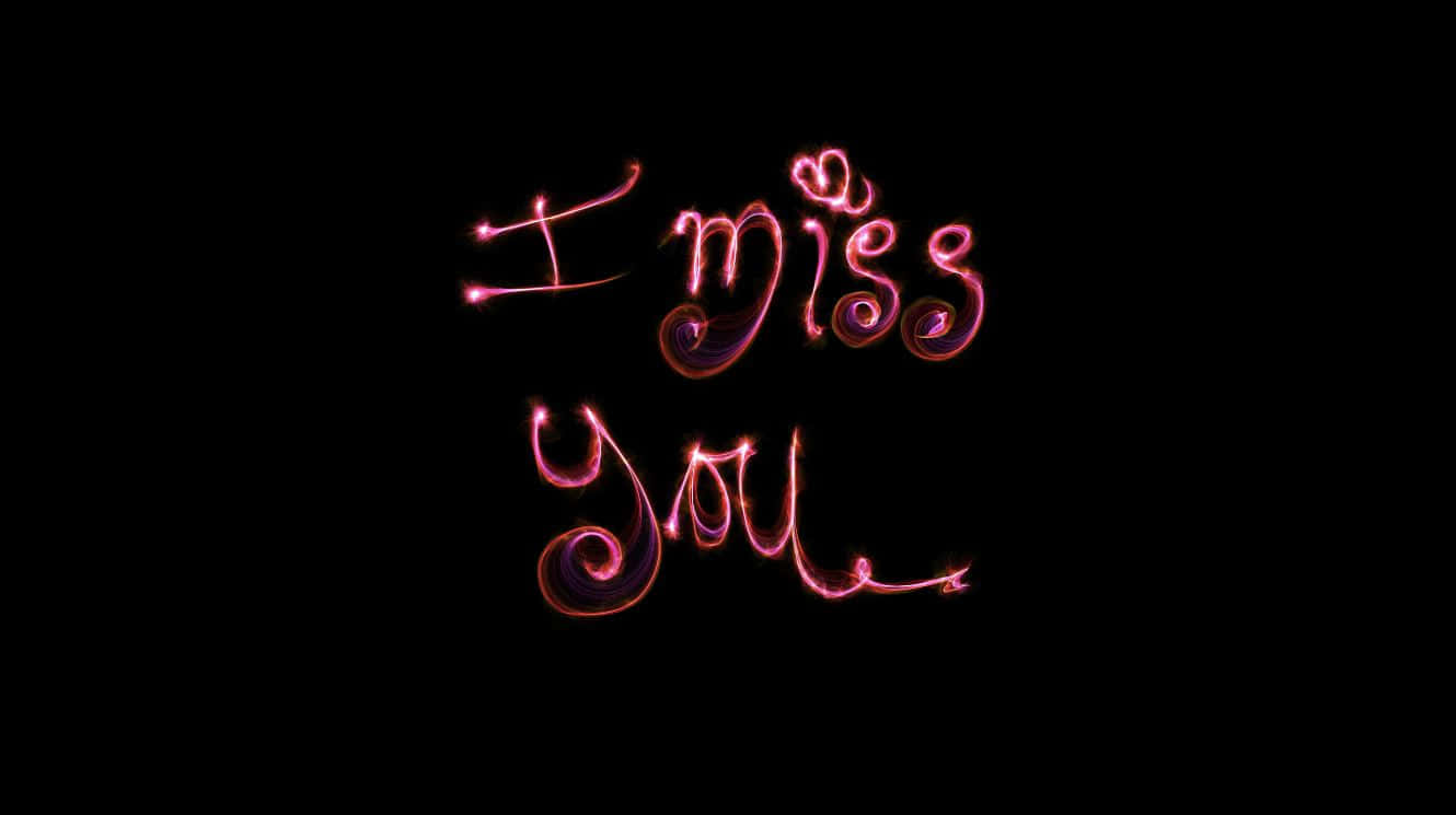 I Miss You 桌布 壁紙 — 發光的粉紅色霓虹燈字體在純黑色背景上顯示「I miss you」，並帶有閃爍的光效。