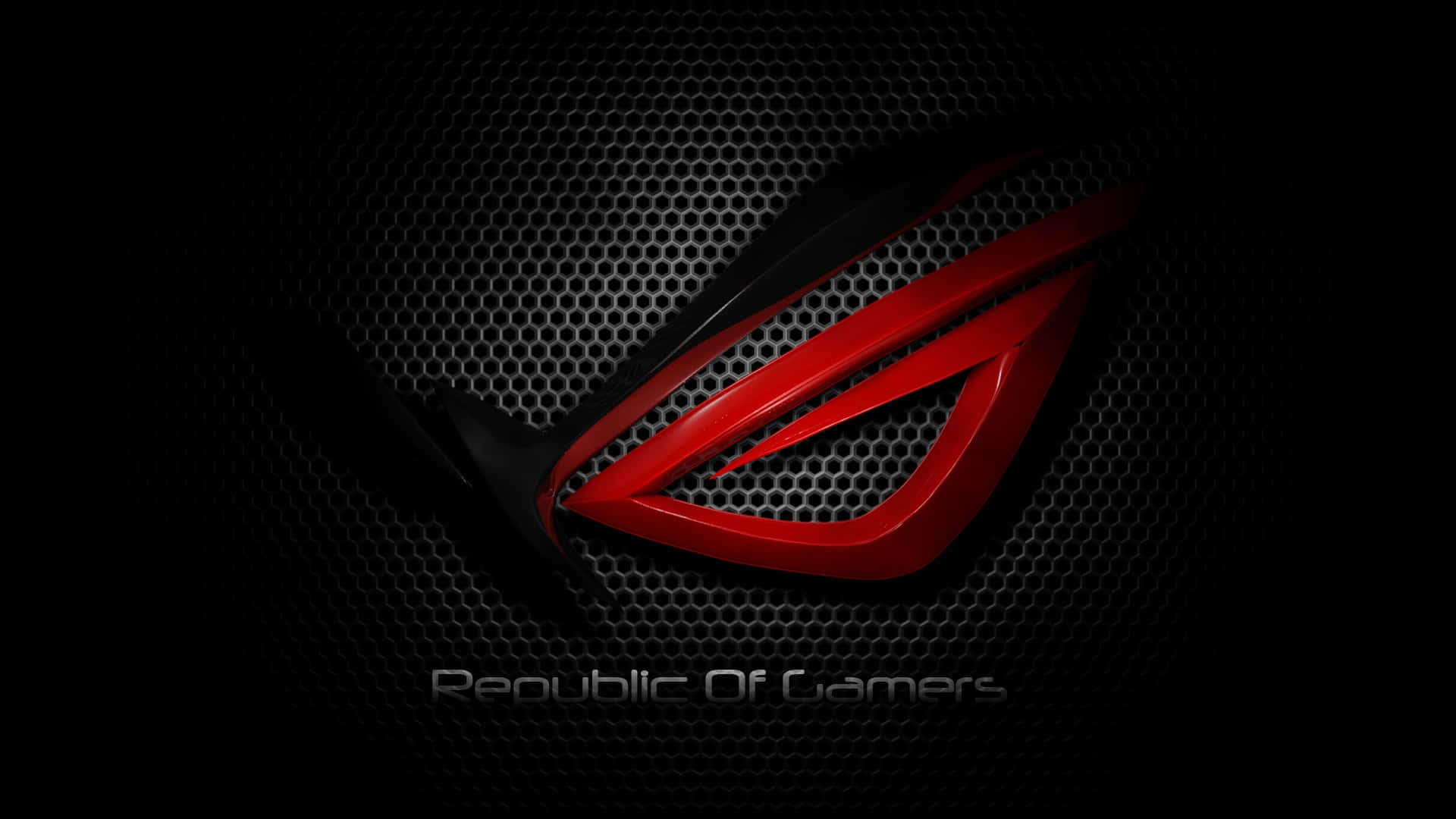 Pro Gamer 桌布 壁紙 — 發光的紅色 ROG 標誌在帶有微妙燈光效果的深色穿孔金屬背景上脫穎而出。