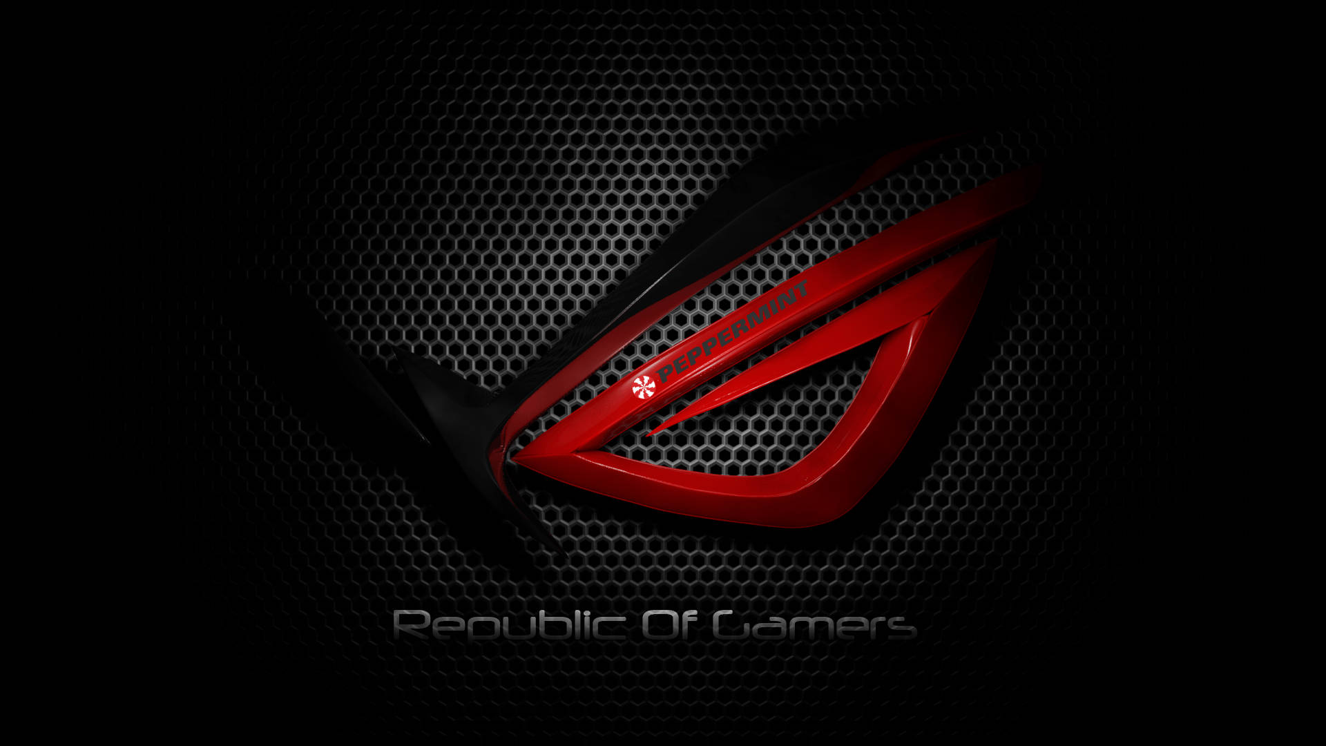 ASUS Peppermint Rog 壁紙 — 發光的紅色ASUS ROG標誌，位於黑色穿孔金屬表面上，帶有微妙的燈光效果。