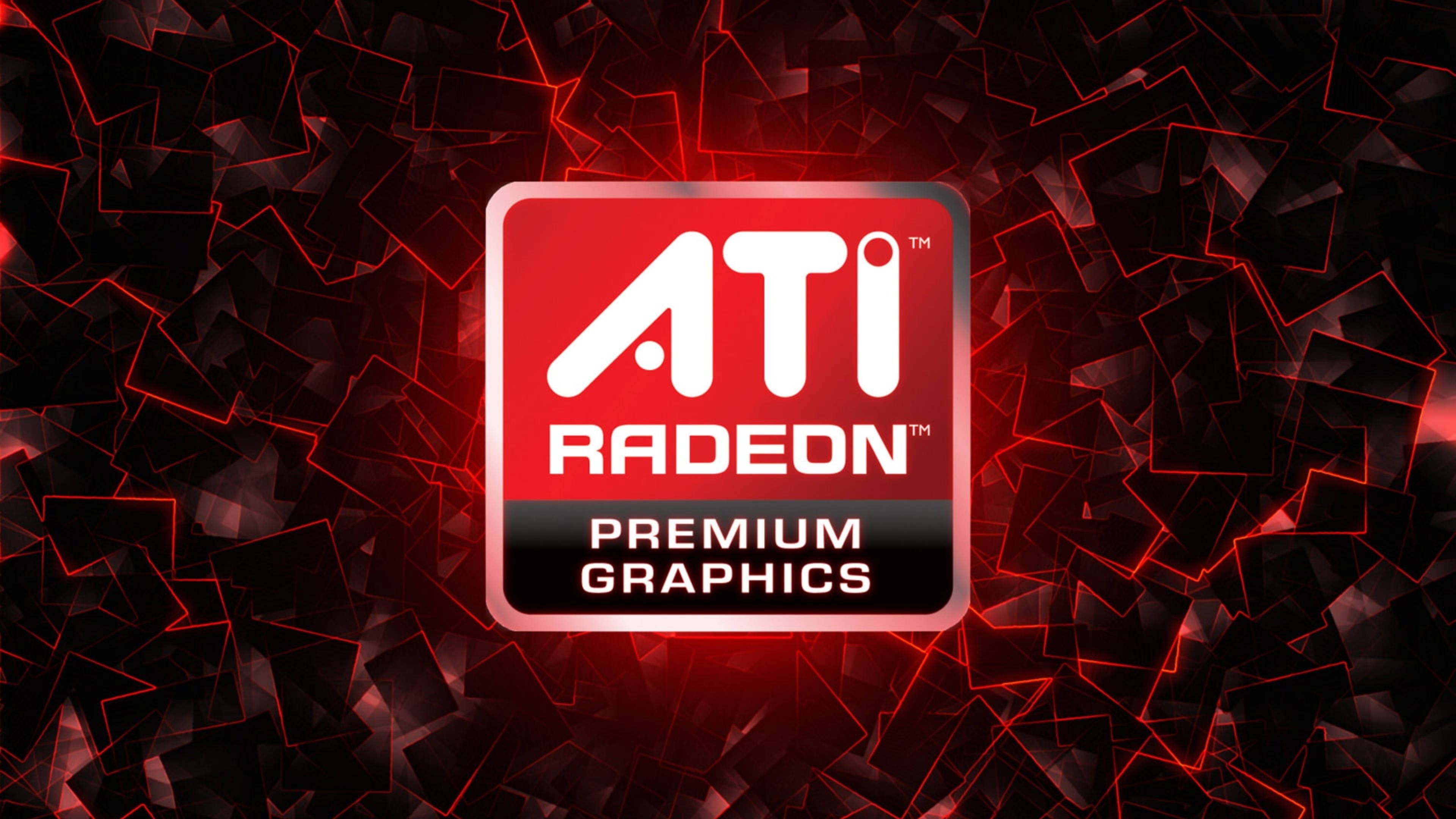 4K 桌布 壁紙 — 發光的紅色ATI Radeon標誌，置於由霓虹紅色勾勒的碎片化幾何形狀組成的深色抽象背景中央。