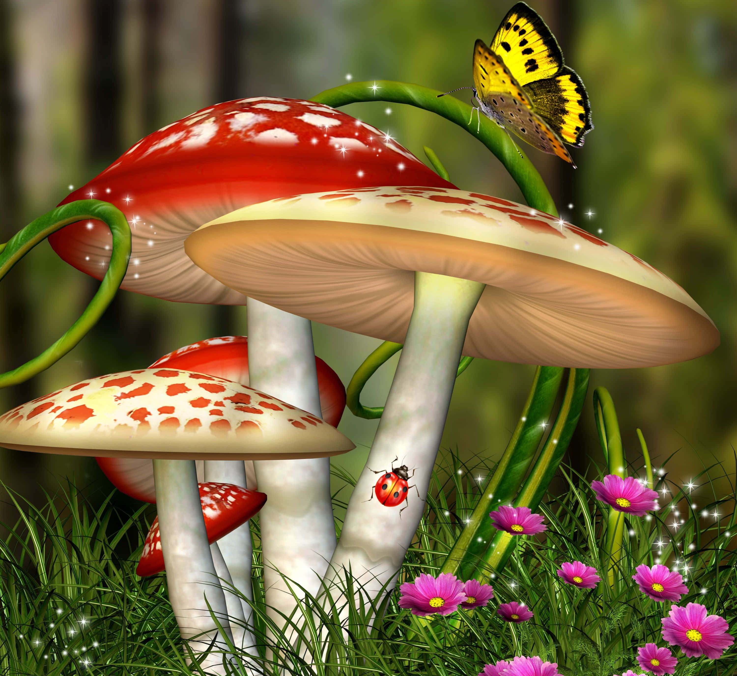 Kawaii Mushroom 桌布 壁紙 — 發光的紅色和白色蘑菇，帶有黃色蝴蝶和瓢蟲，在魔法森林空地上。