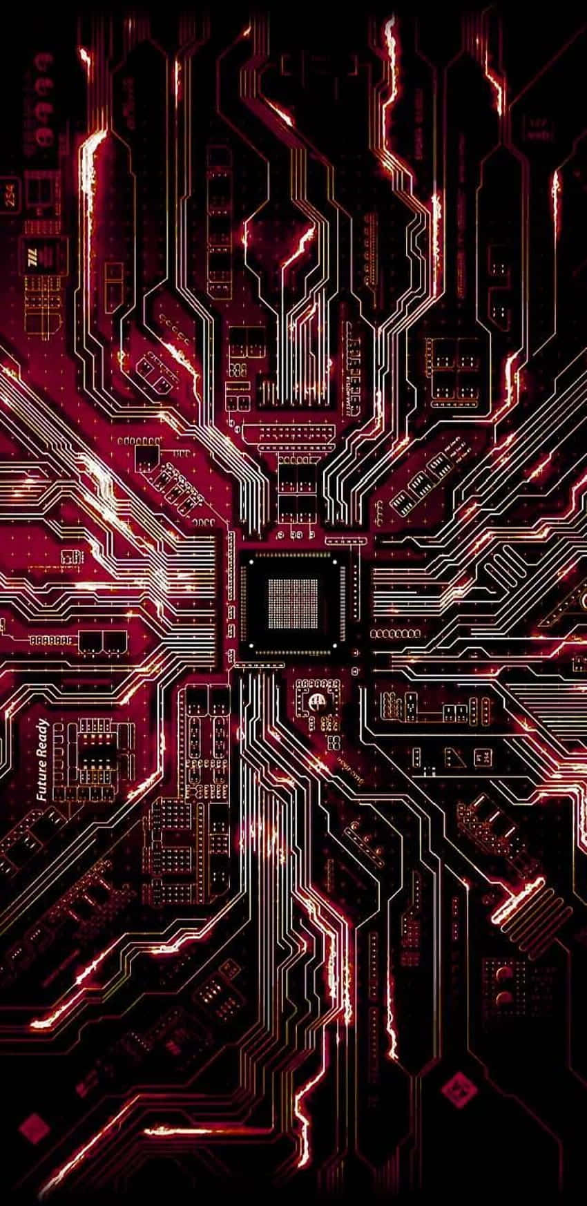 Motherboard 桌布 壁紙 — 發光的紅色和黑色電路板，帶有複雜的路徑和散發數位能量的中央晶片。