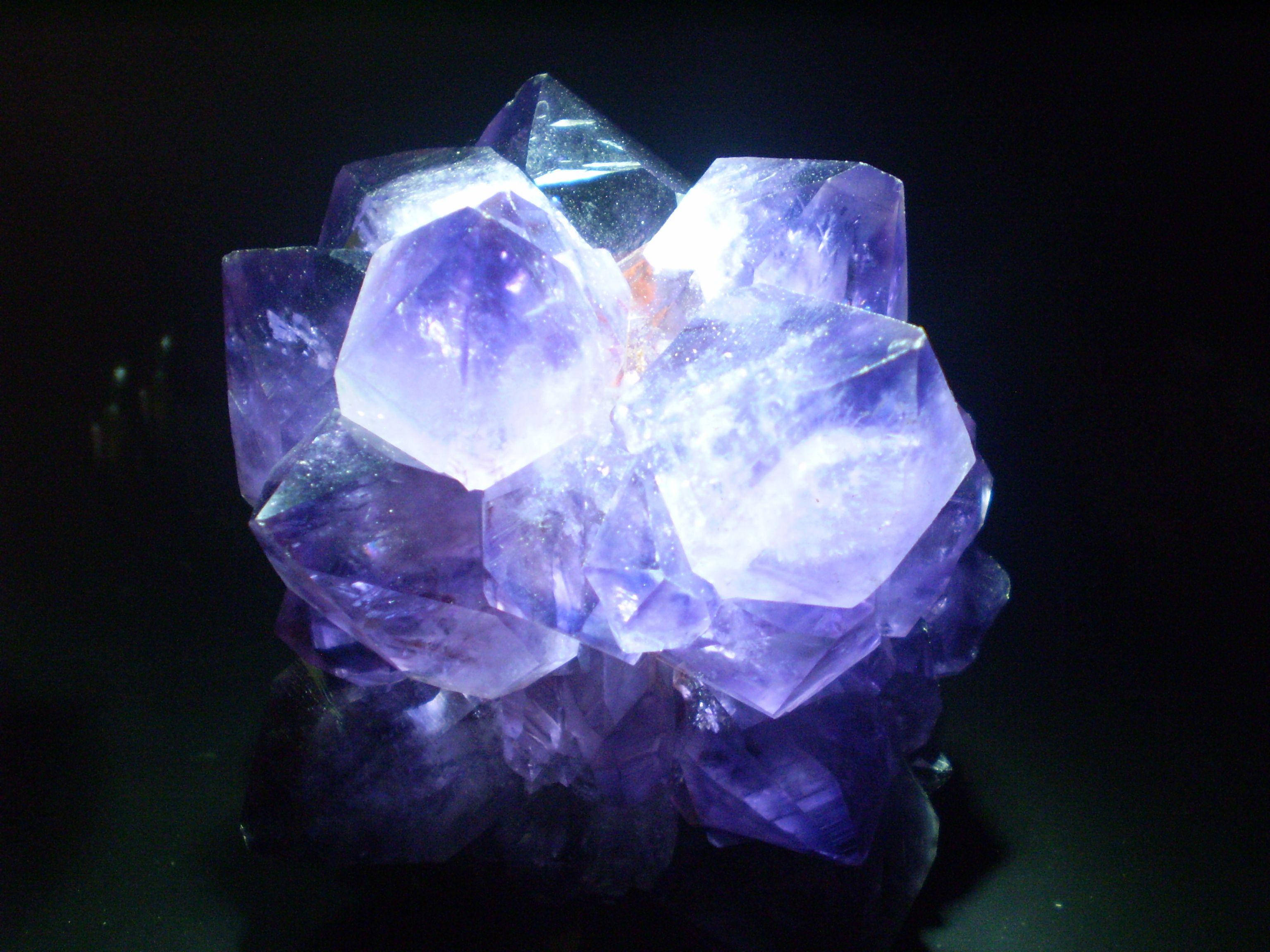 發光的紫水晶 壁紙 — 一簇閃耀的紫水晶晶體在純黑背景下散發出深紫色光芒。