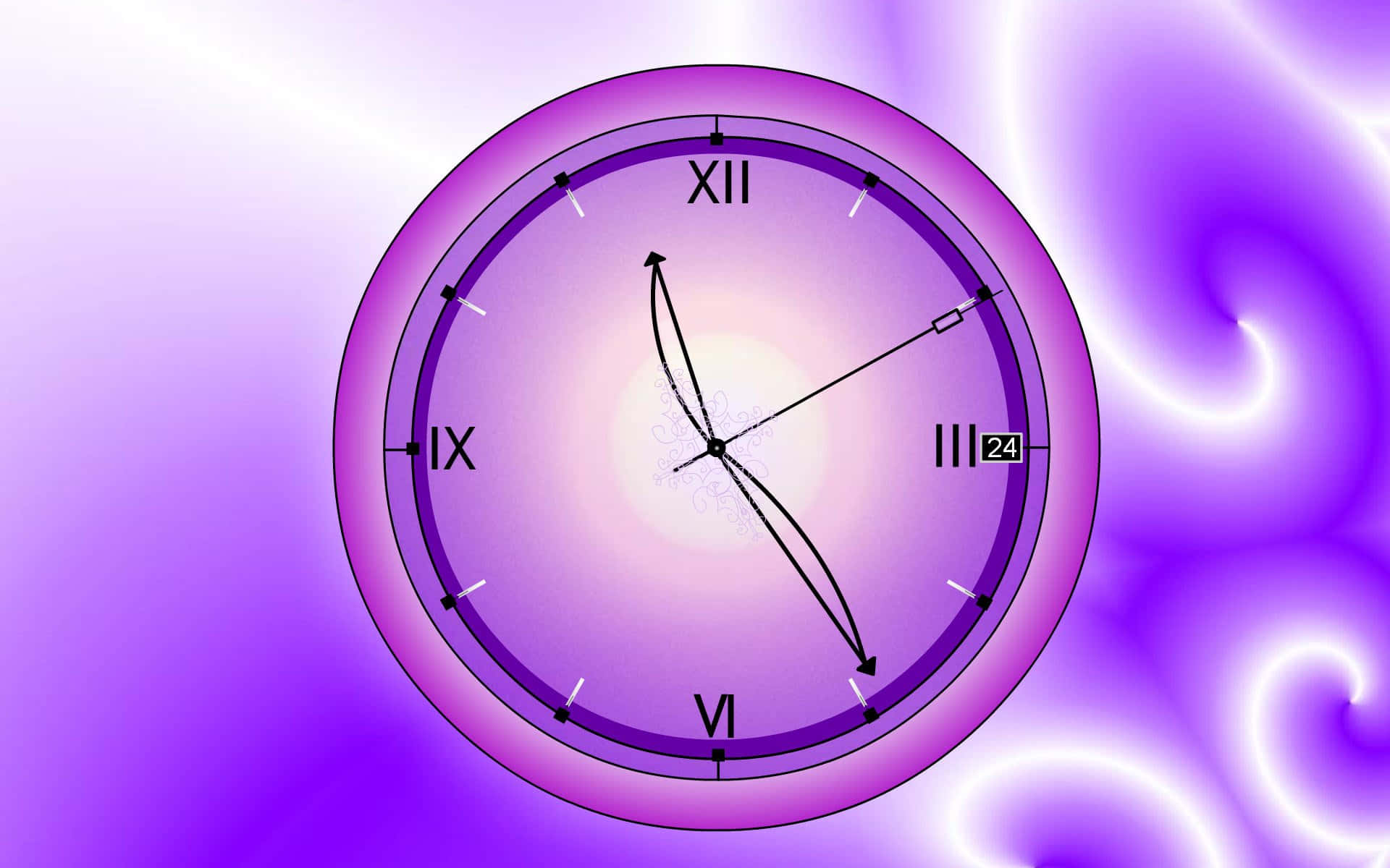 Time 桌布 壁紙 — 發光的紫色指針時鐘，帶有羅馬數字和24小時指示器，背景是旋轉的宇宙。