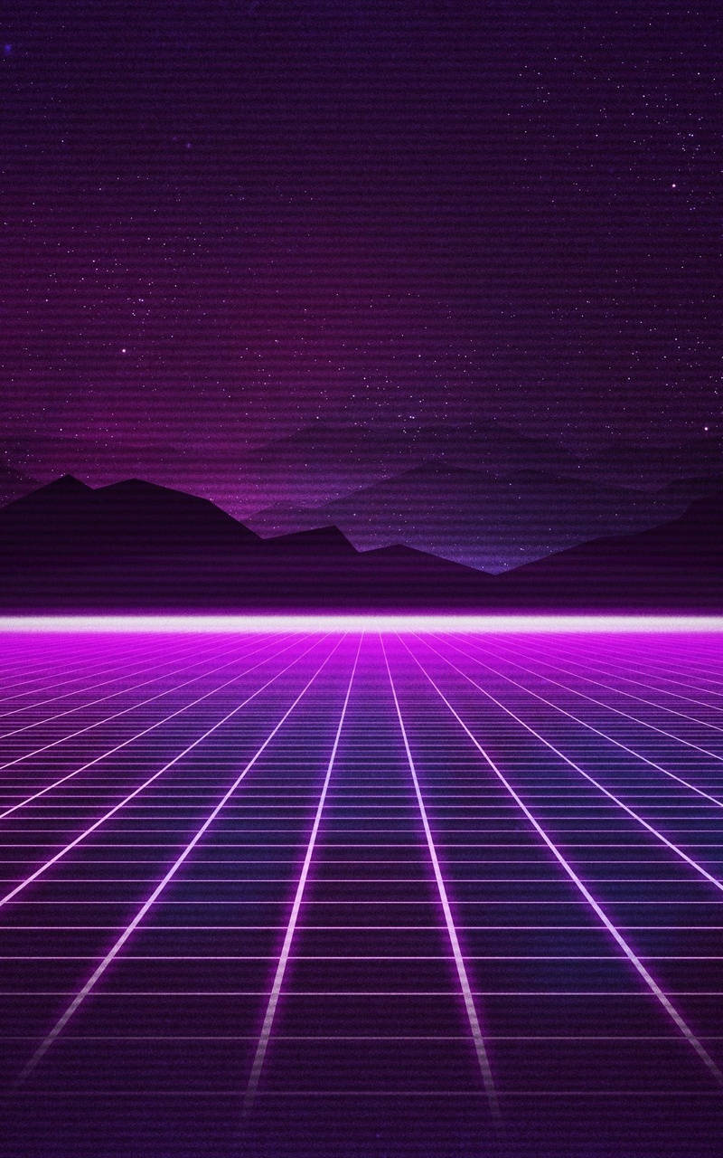 黑紫 桌布 壁紙 — 發光的紫色網格在繁星點點的復古未來主義夜空下向遠山延伸。