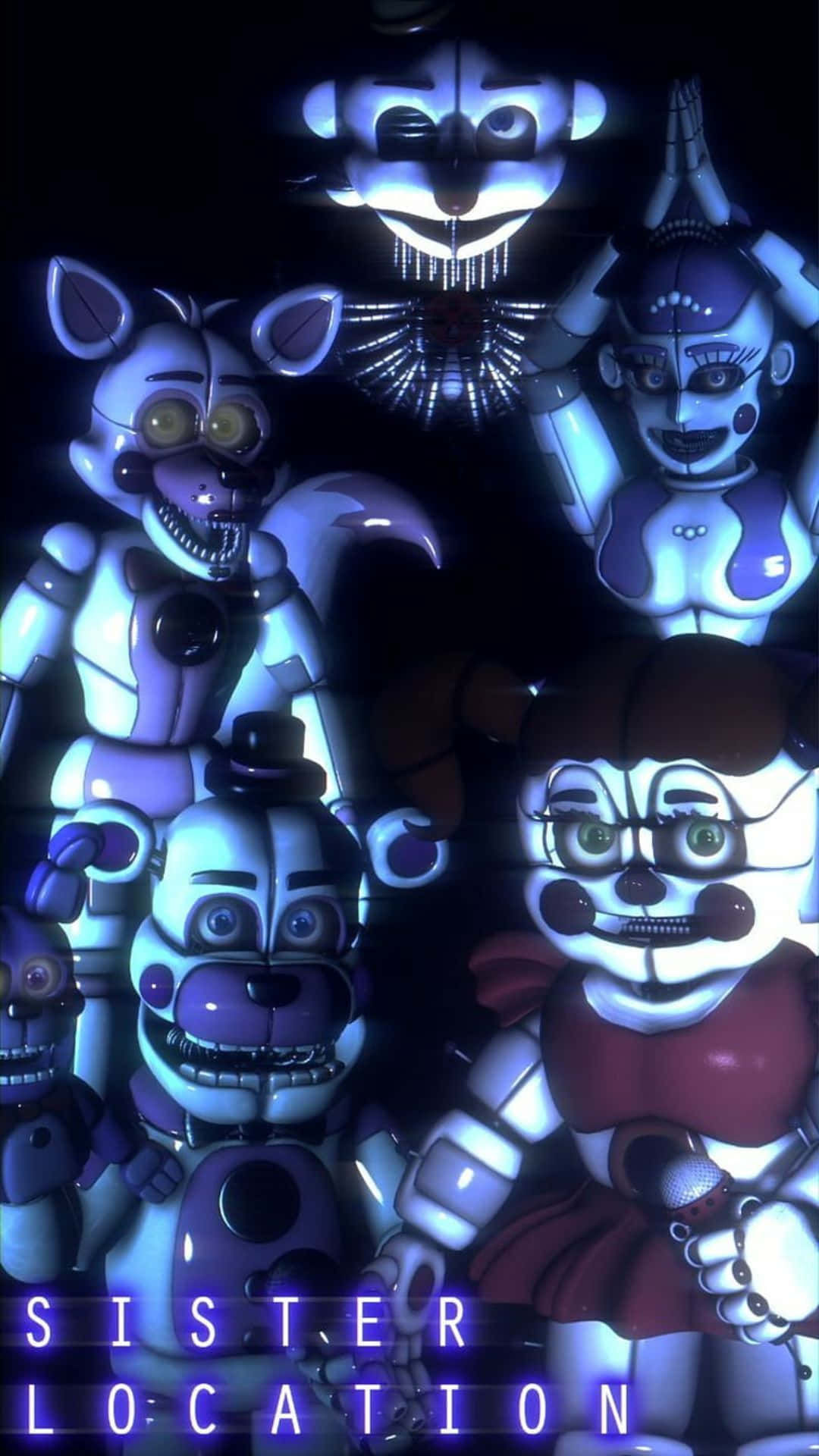 Fnaf Sister Location 桌布 壁紙 — 發光的紫色電子動畫角色帶著威脅性的笑容，站在黑暗詭異的場景中，下方有「SISTER LOCATION」文字。