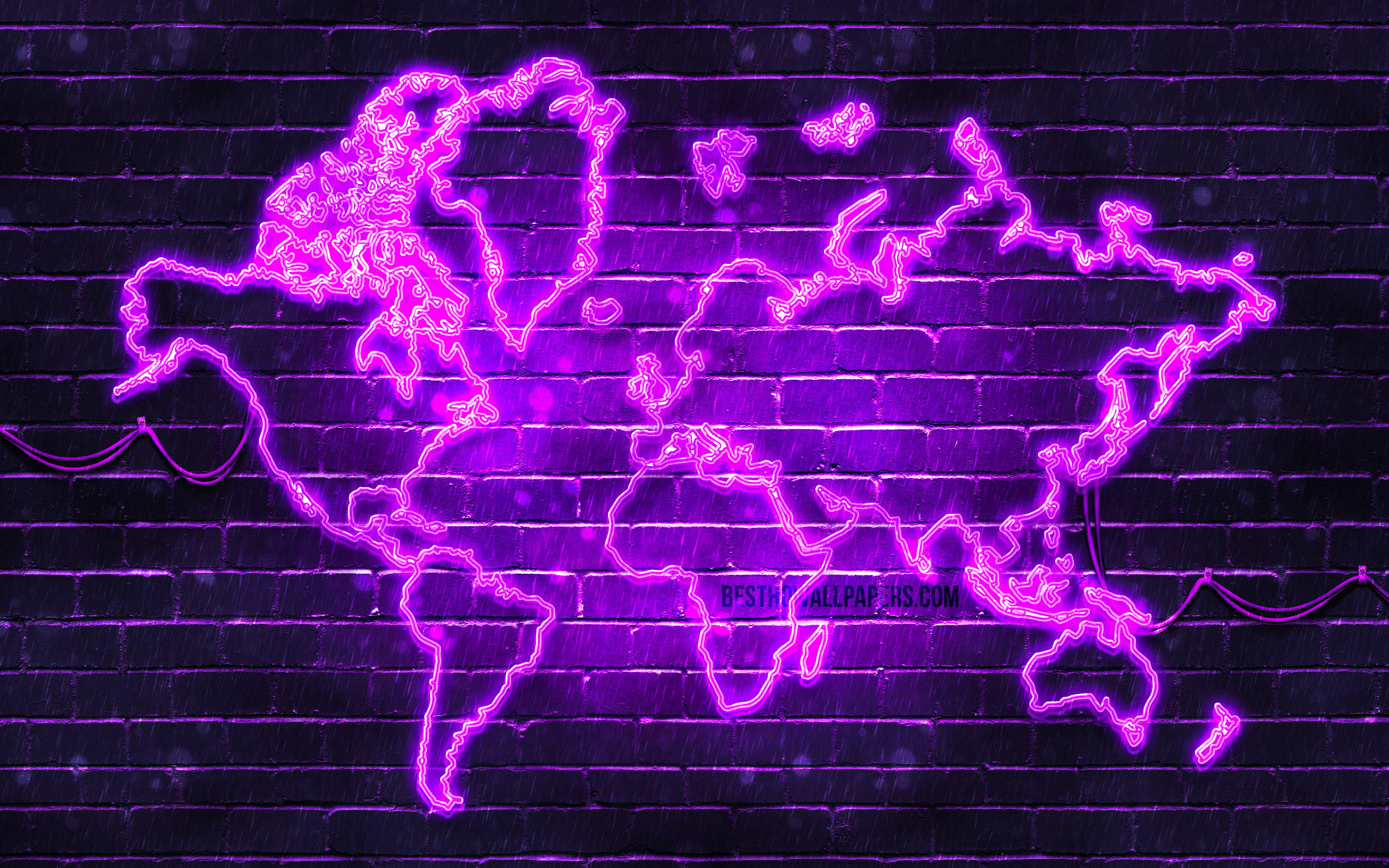 夜間深色磚牆上的紫色霓虹世界地圖。 — 螢光紫 壁紙