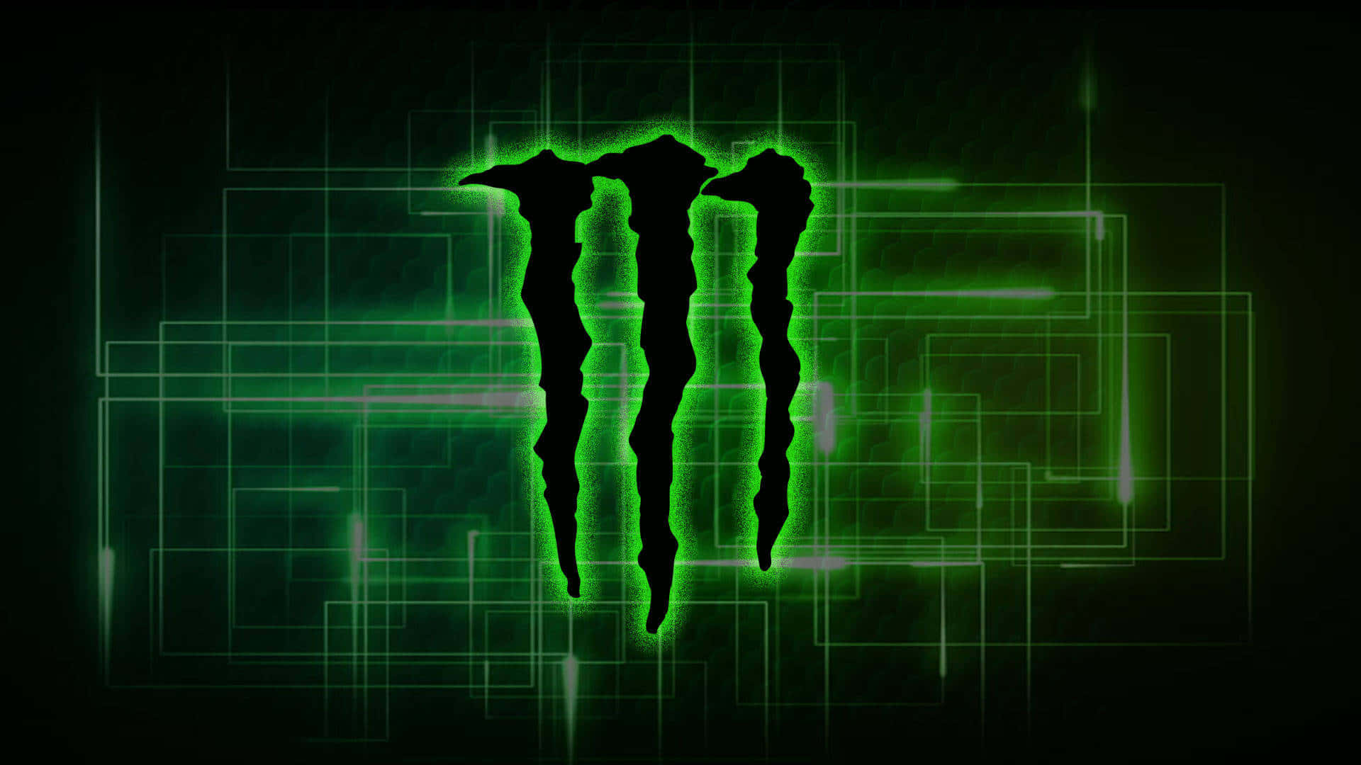 Monster Energy 桌布 壁紙 — 發光的綠色Monster Energy標誌在帶有霓虹燈網格線的黑暗背景上脈動。