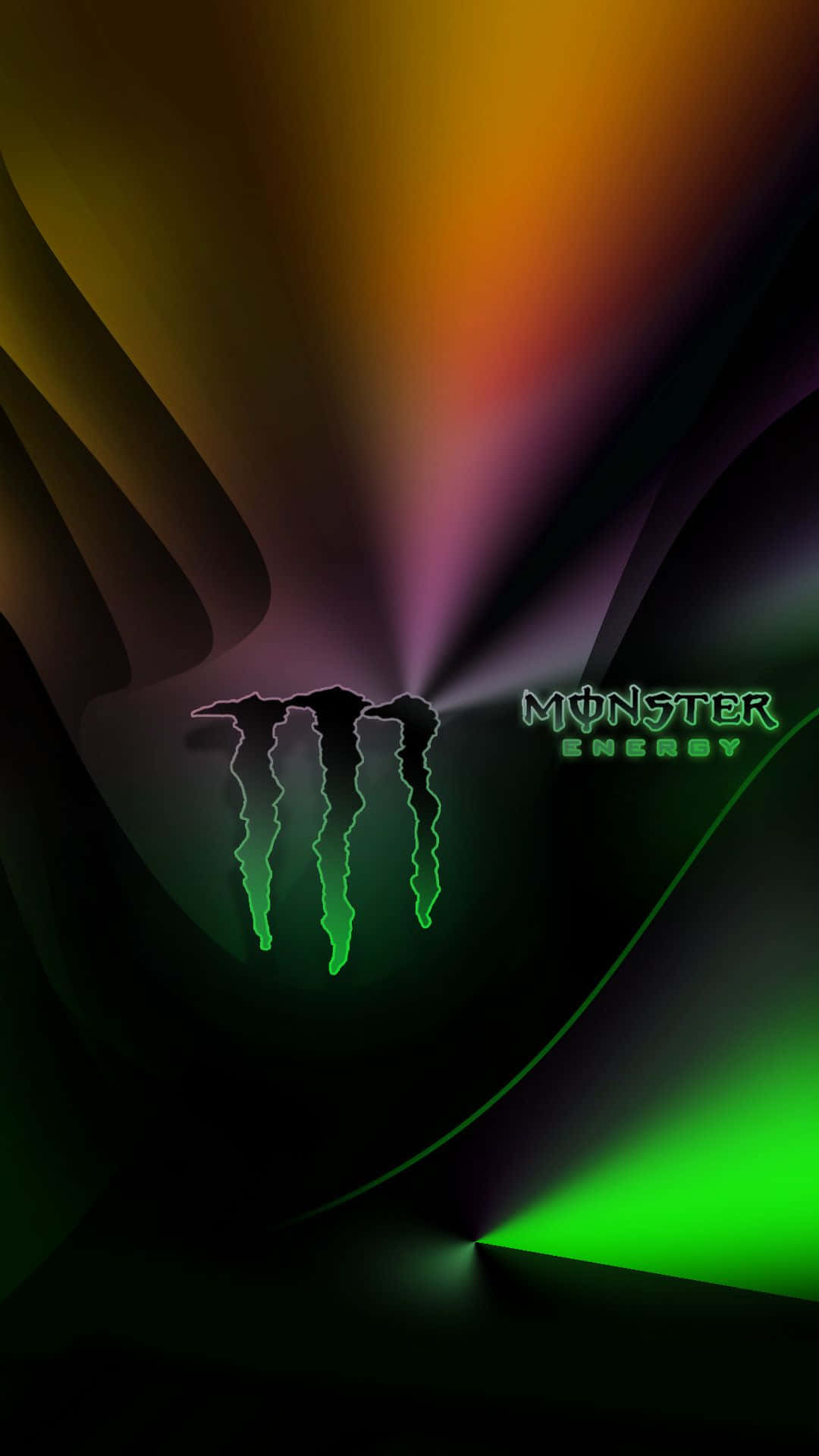 Monster Energy 桌布 壁紙 — 發光的綠色Monster Energy標誌在帶有流動彩虹漸變的深色抽象背景上散發光芒。