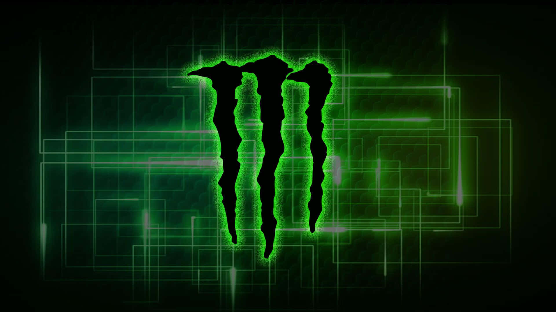 怪獸動圖 桌布 壁紙 — 發光的綠色Monster Energy標誌在帶有霓虹網格線的深色背景上脈動。