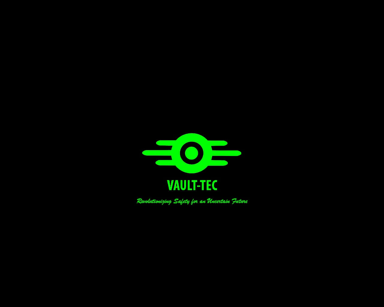 Vault-tec 桌布 壁紙 — 發光的綠色Vault-Tec標誌，附有標語，居中於黑色背景上。