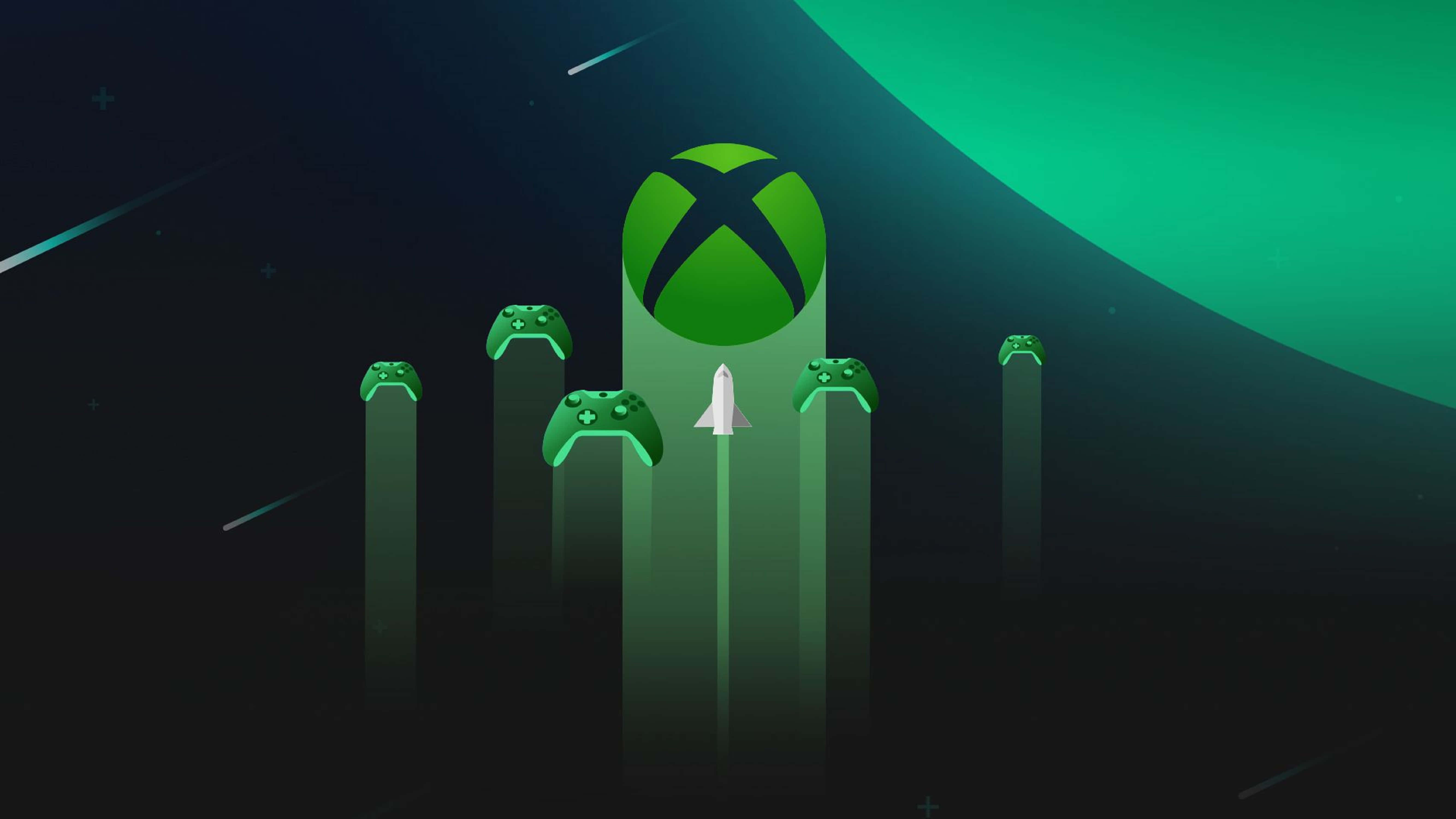 4K Streaming 桌布 壁紙 — 發光的綠色Xbox標誌和控制器從柱子上升起，火箭在宇宙綠色和黑色背景中發射。