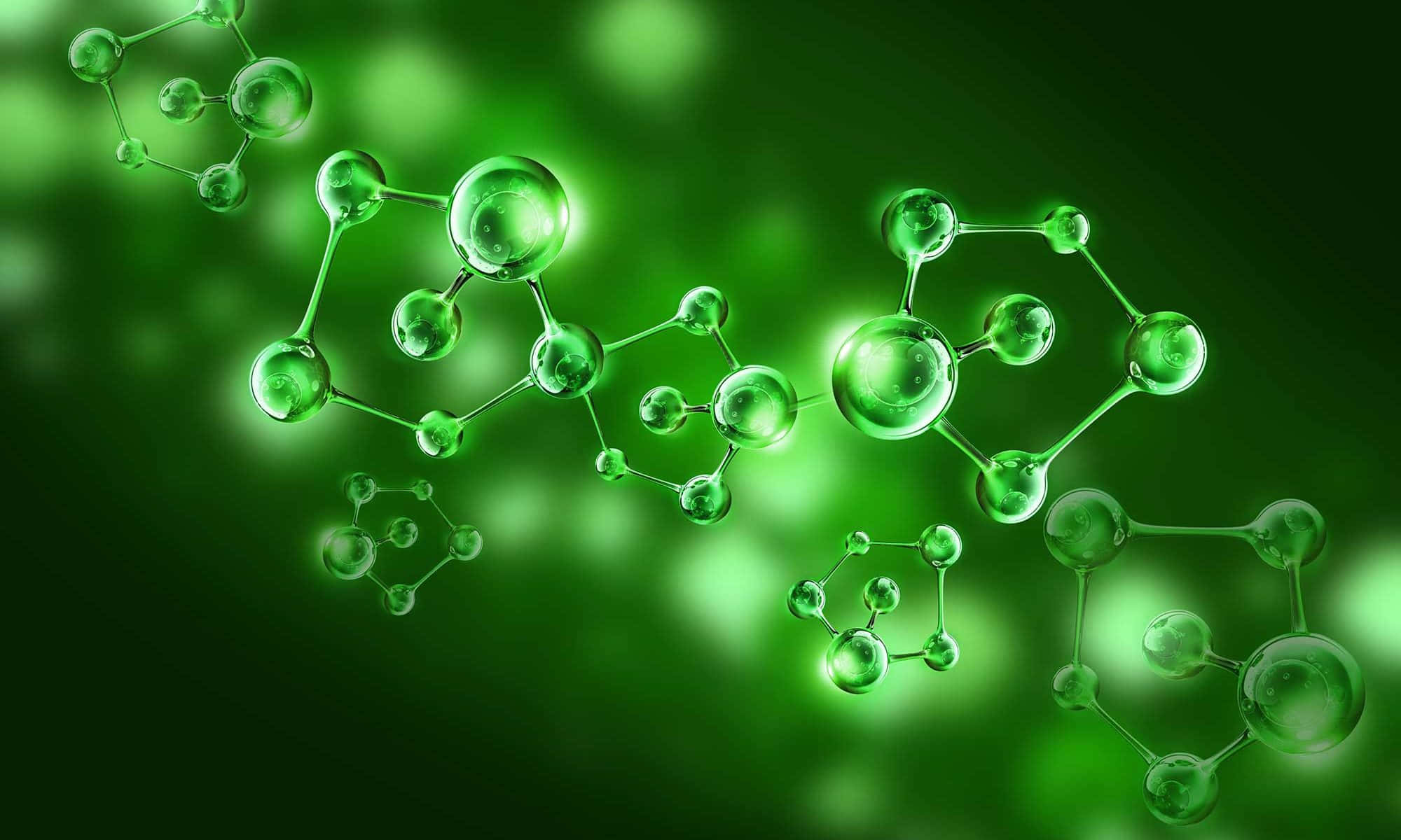 Chemistry 桌布 壁紙 — 發光的綠色分子結構在深綠色散景背景上漂浮，帶有柔和的光線亮點。