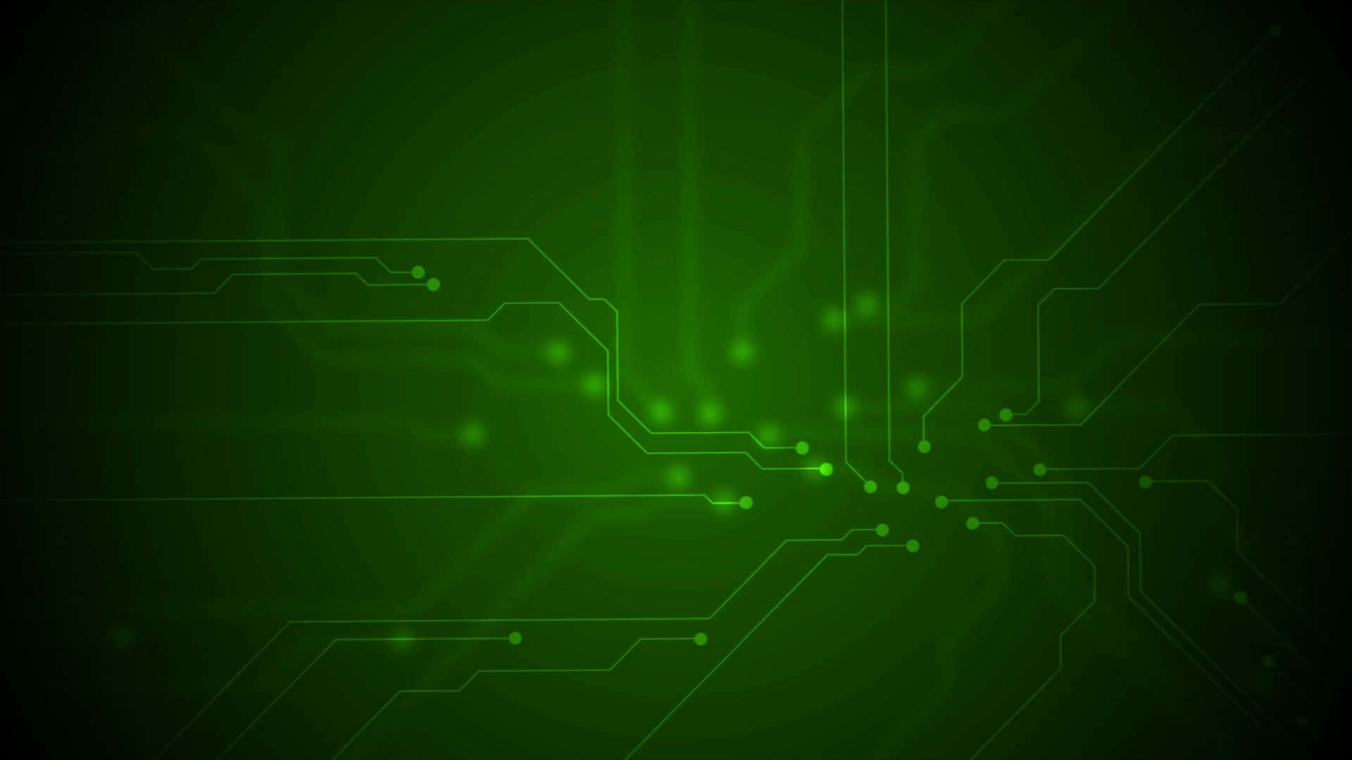 Green Technology 桌布 壁紙 — 發光的綠色電路板圖案從中央節點向黑暗漸變背景輻射。