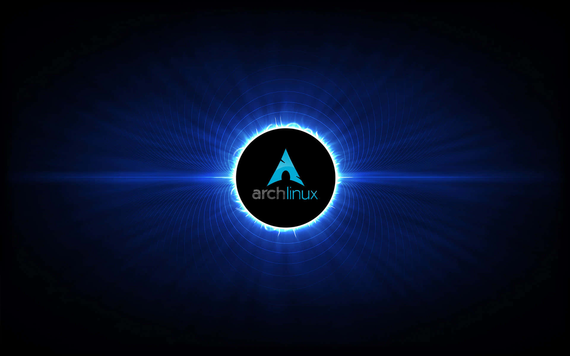 Arch Linux 桌布 壁紙 — 發光的藍色 Arch Linux 標誌在黑暗背景上散發能量，伴隨著同心光波。