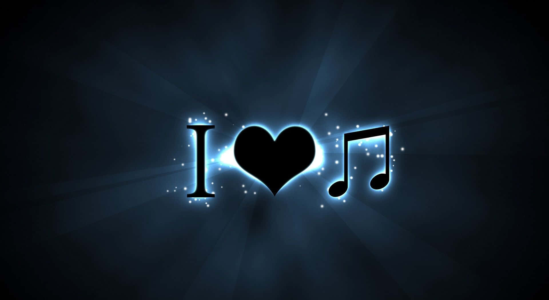 Facebook Cover 桌布 壁紙 — 發光的藍色「I heart music」符號在黑暗背景中散發光芒，伴隨著閃爍的粒子。