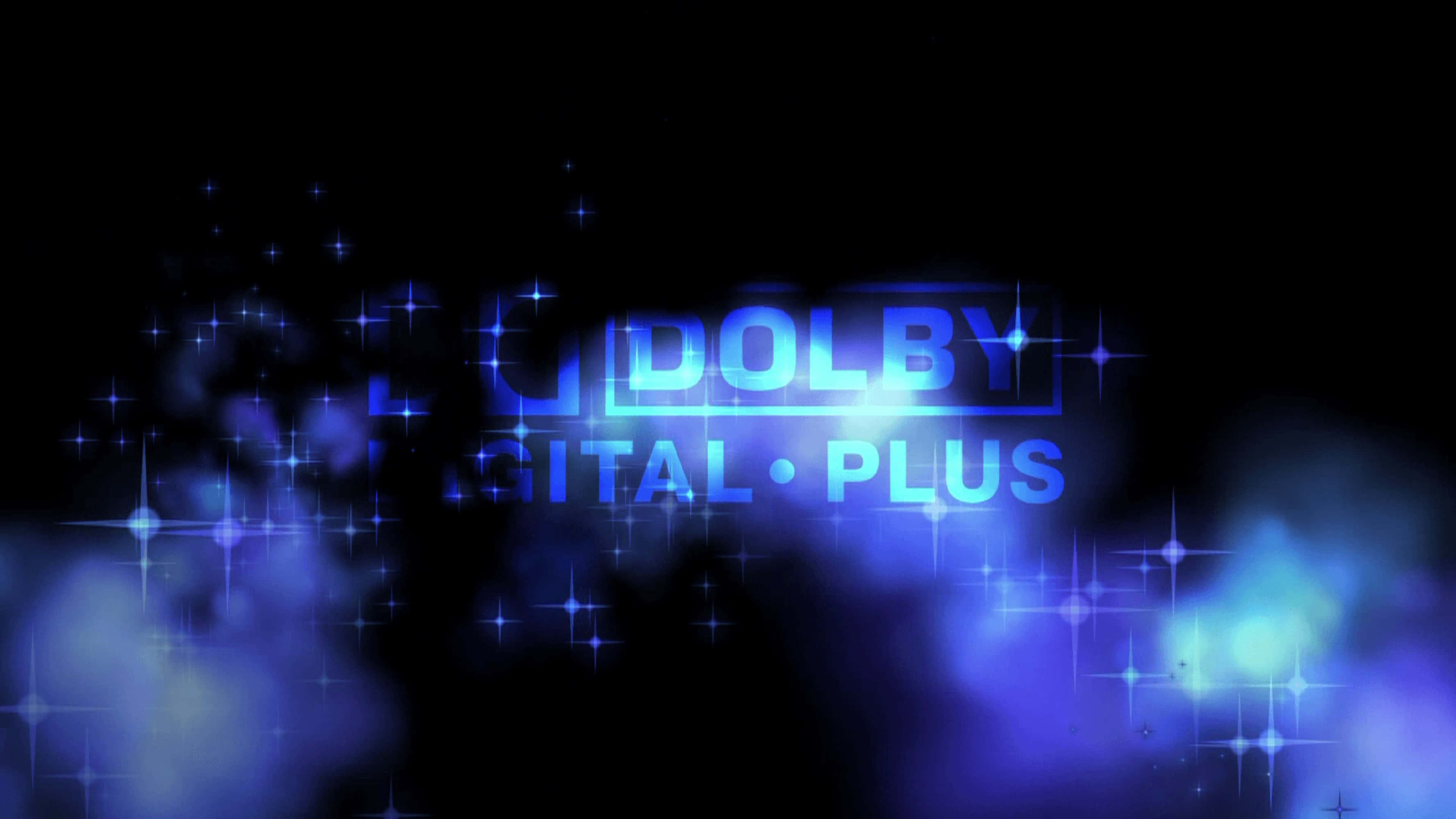 4K Dolby Vision 桌布 壁紙 — 發光的藍色Dolby Digital Plus標誌，周圍環繞著閃爍的星星和星雲狀雲朵，背景為深色。